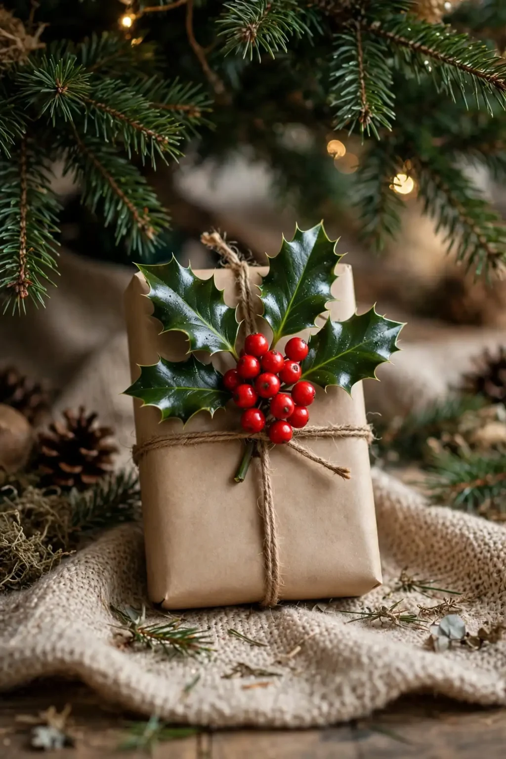 brown kraft christmas wrapping paper holly berries