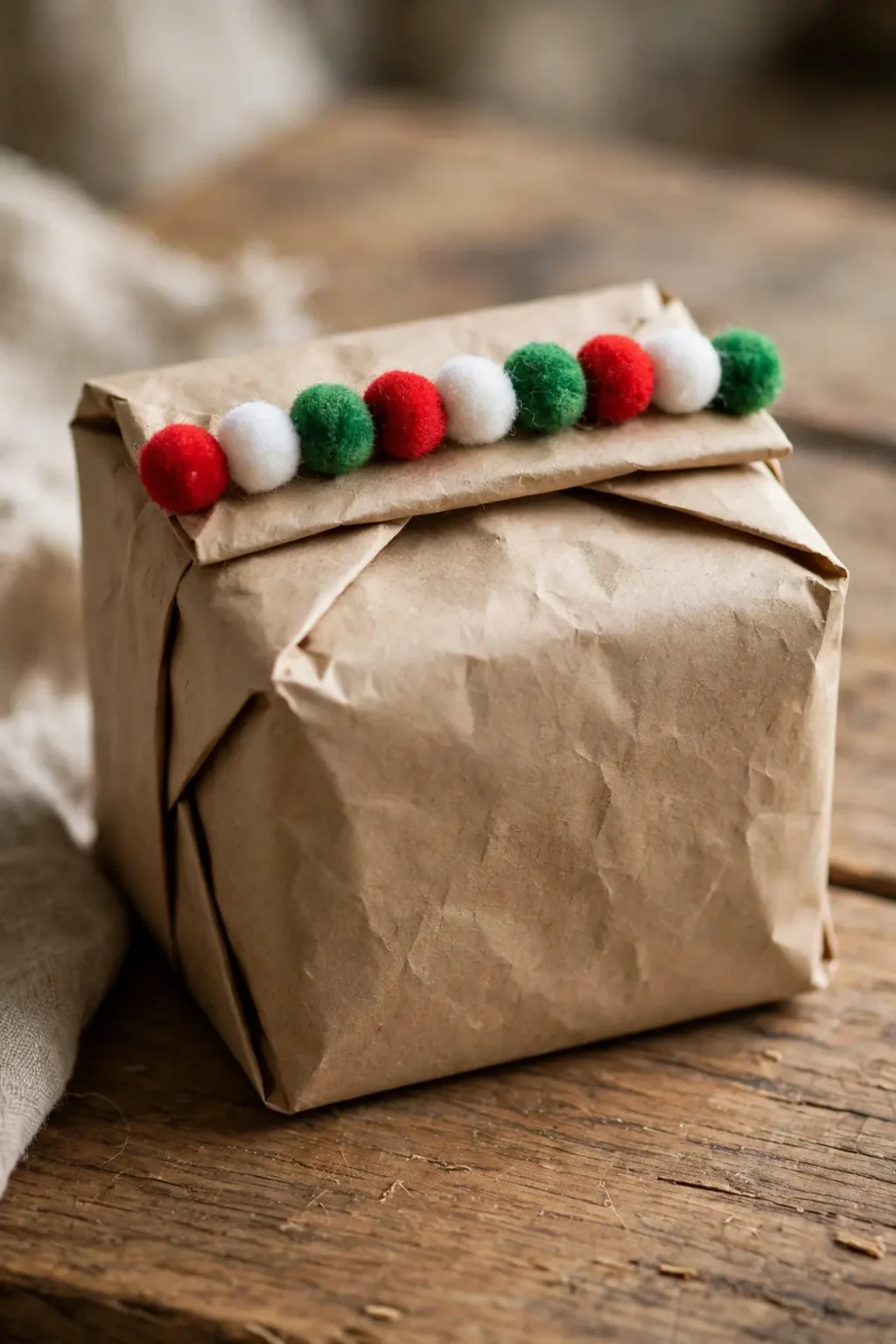brown paper christmas wrapping pom pom trim