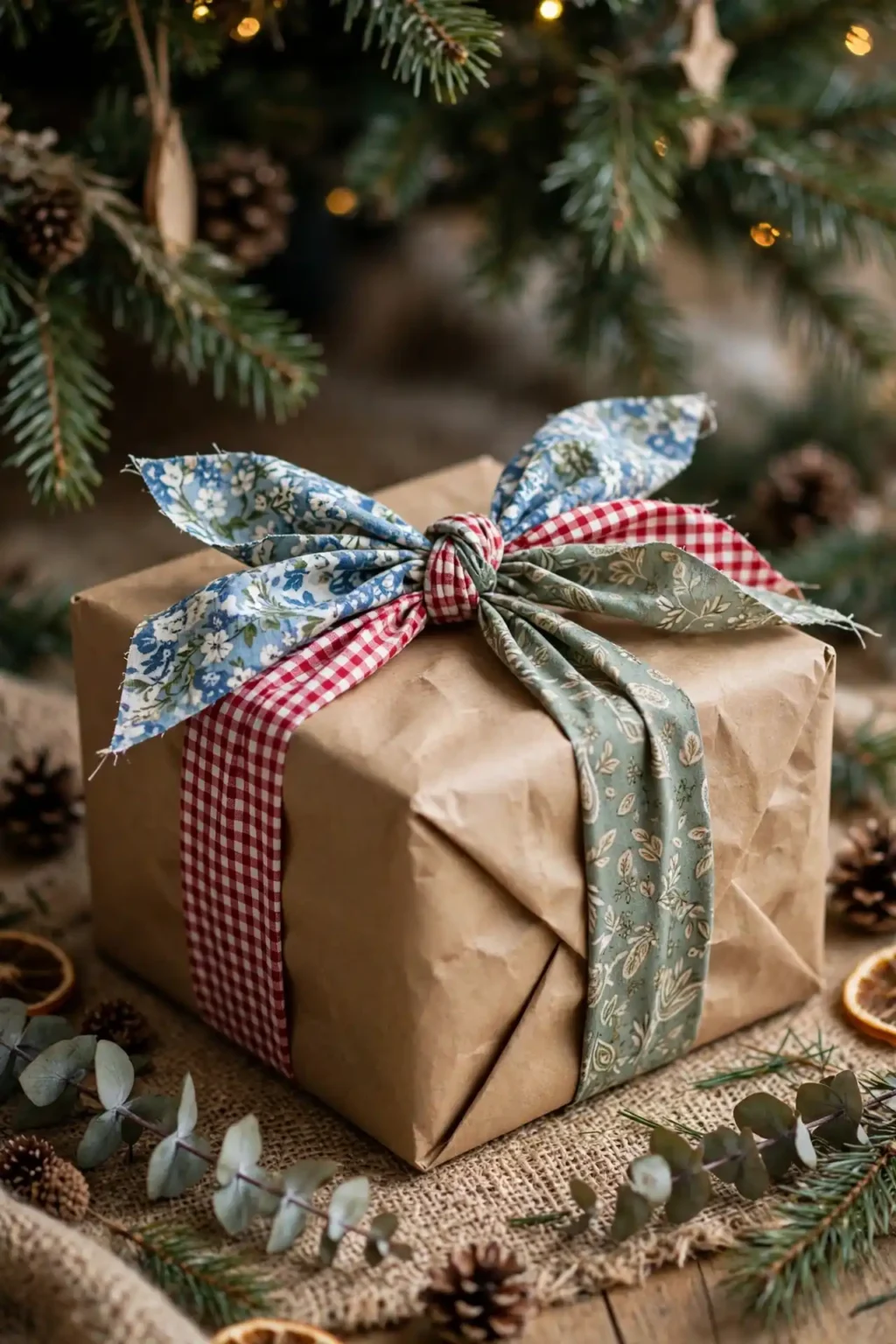 brown paper wrapping fabric strip bow