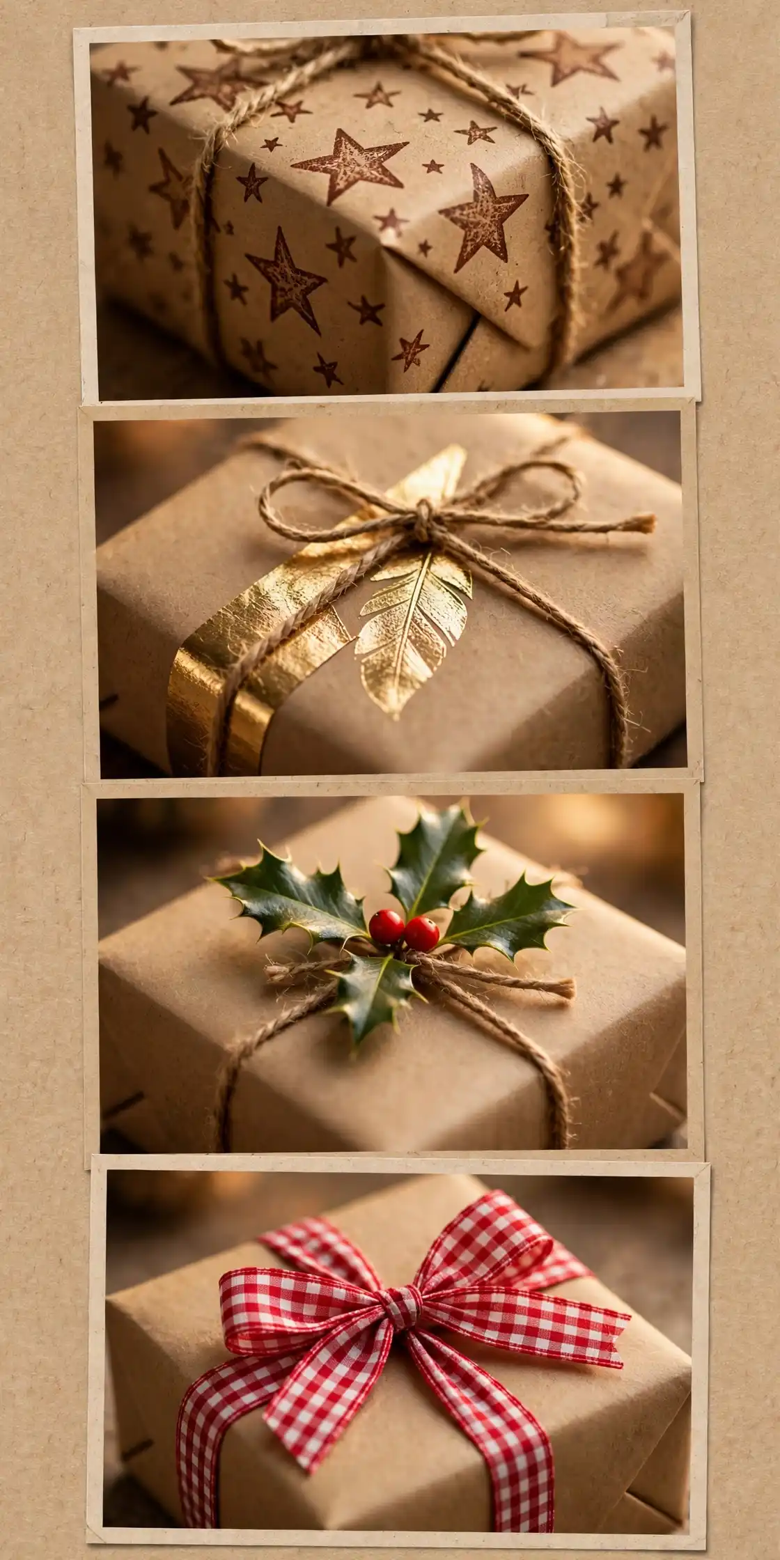 brown paper christmas wrapping ideas collage of stamped kraft gifts, gold accents, holly sprig and gingham bow