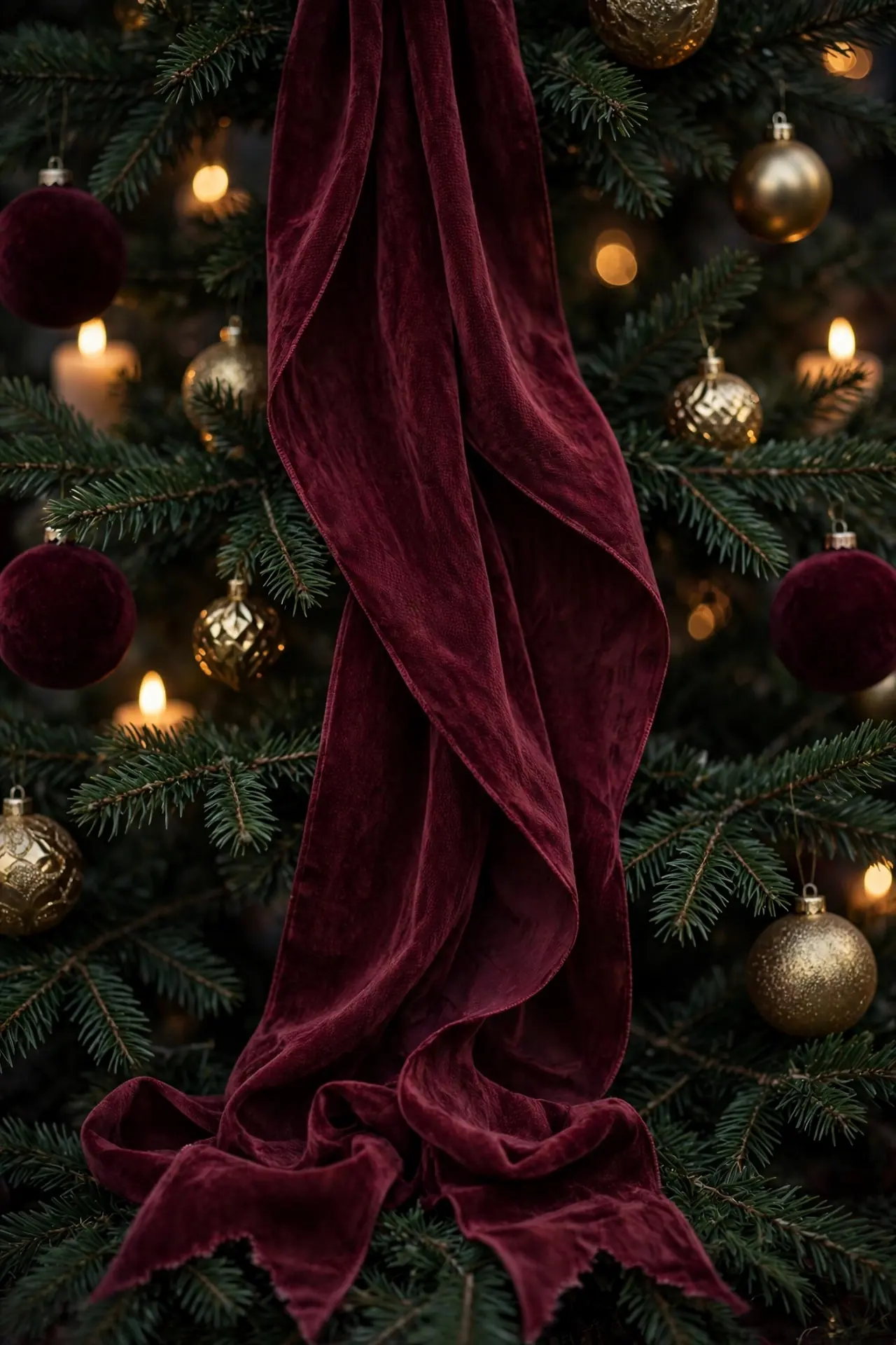 Burgundy Velvet Ribbon Woven Through The Tree burgundy velvet ribbon christmas tree