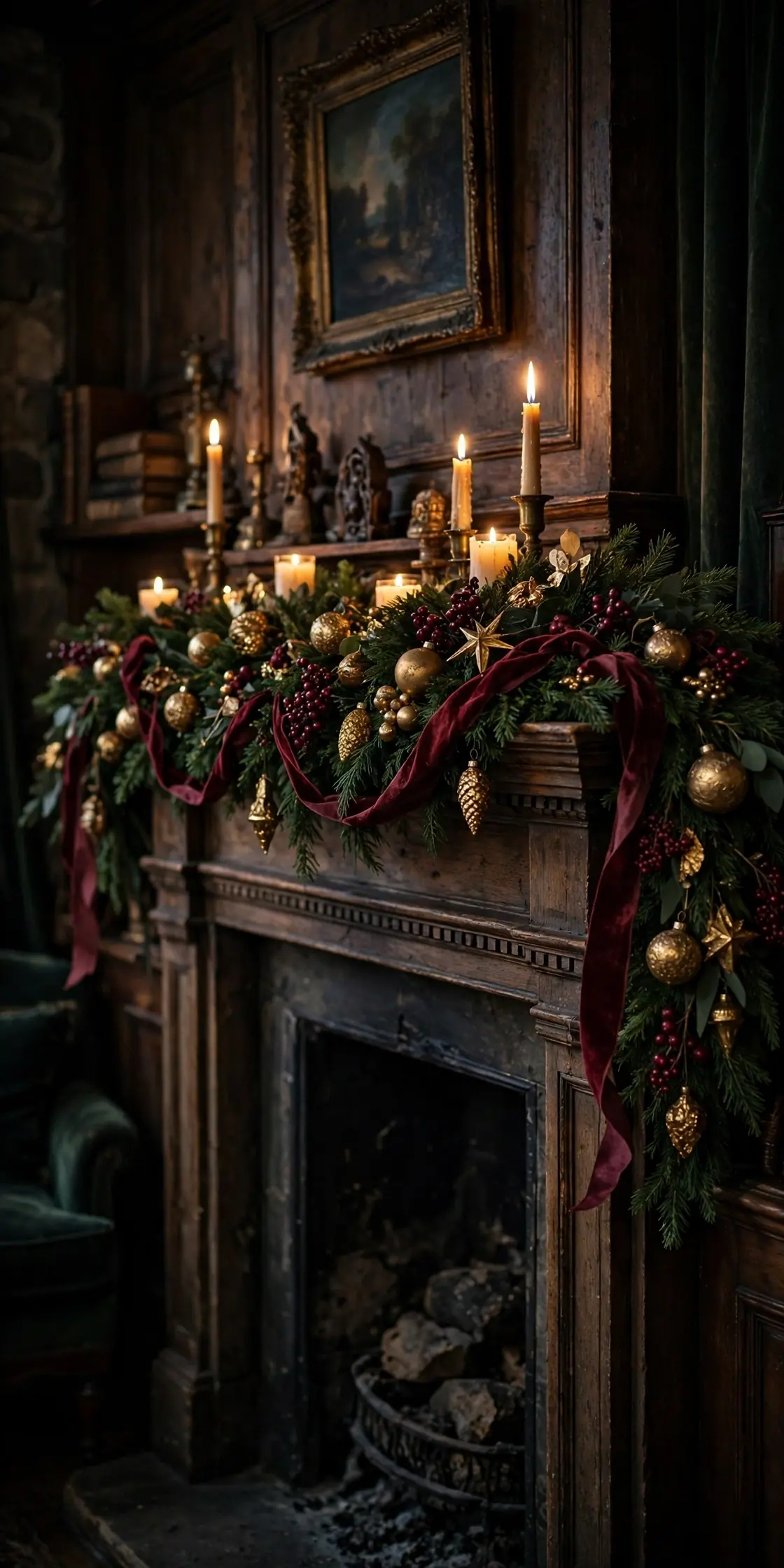 Burgundy Garland On The Mantel burgundy christmas garland mantel berries