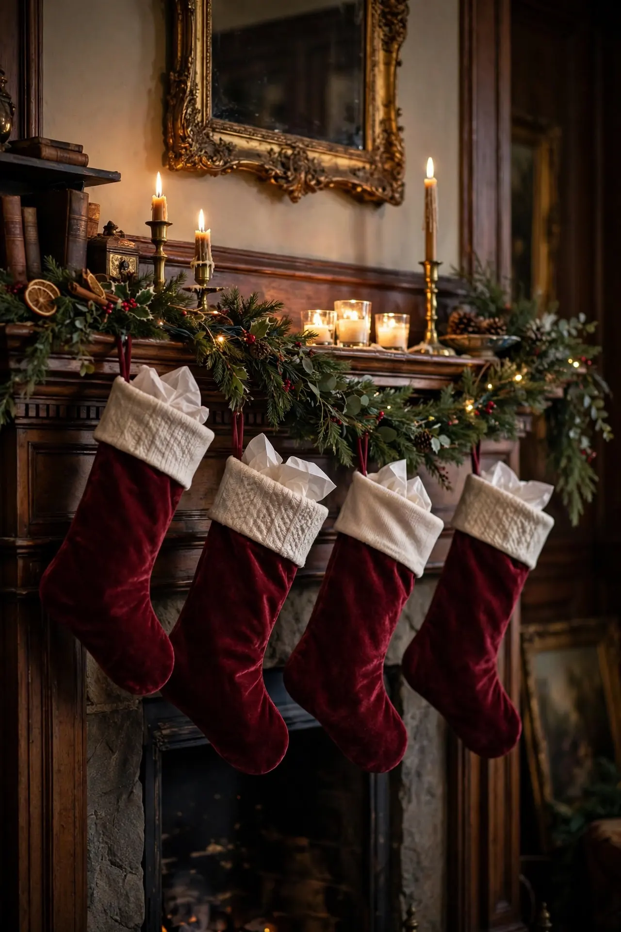 Burgundy Velvet Stockings On The Mantel burgundy christmas stockings mantel velvet
