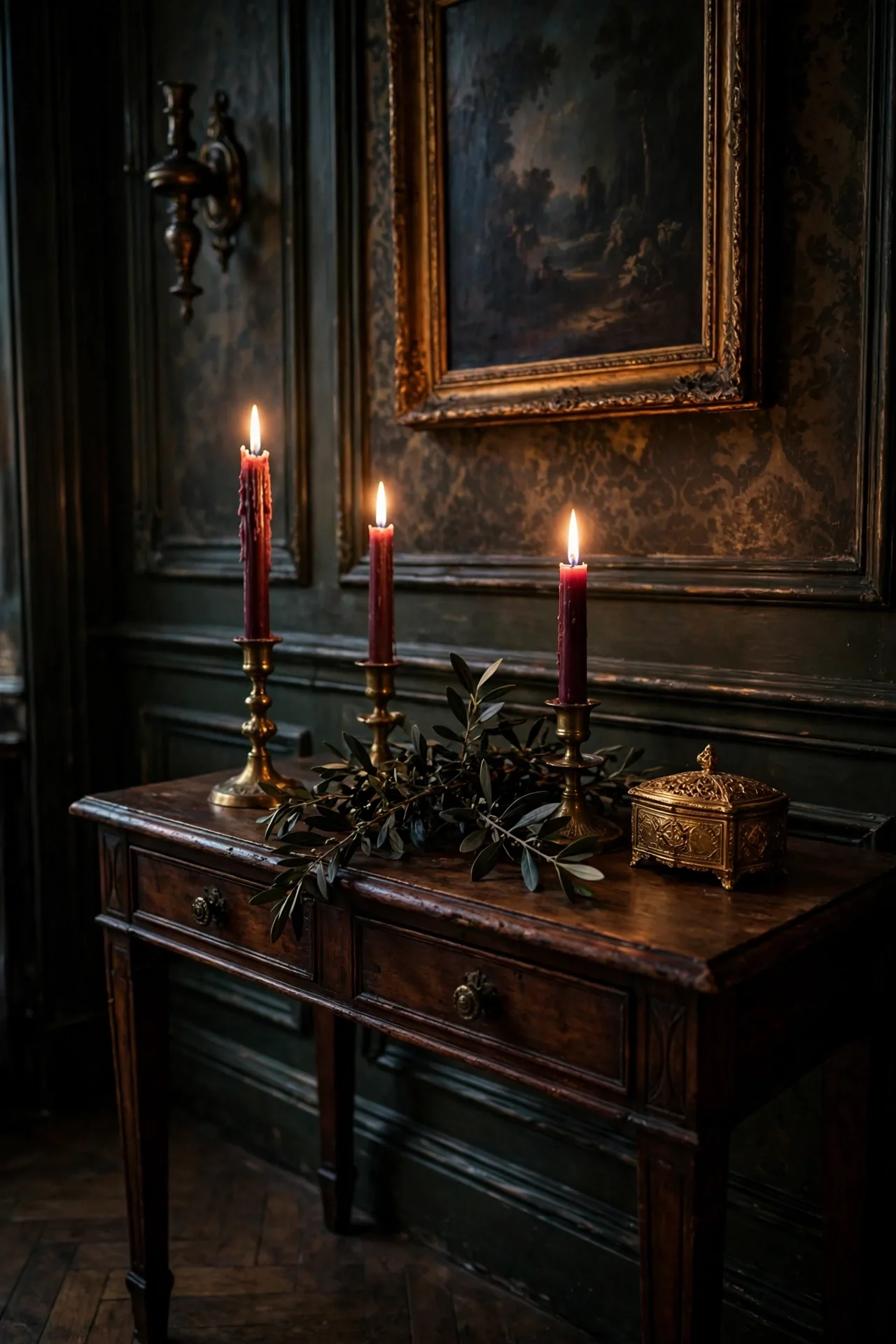 Burgundy Candles On The Entryway Console burgundy christmas entryway console candles