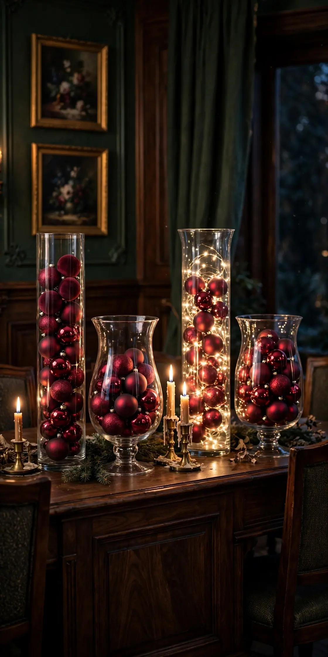 Burgundy Ornaments In Glass Vases burgundy christmas ornaments in glass vase centerpiece