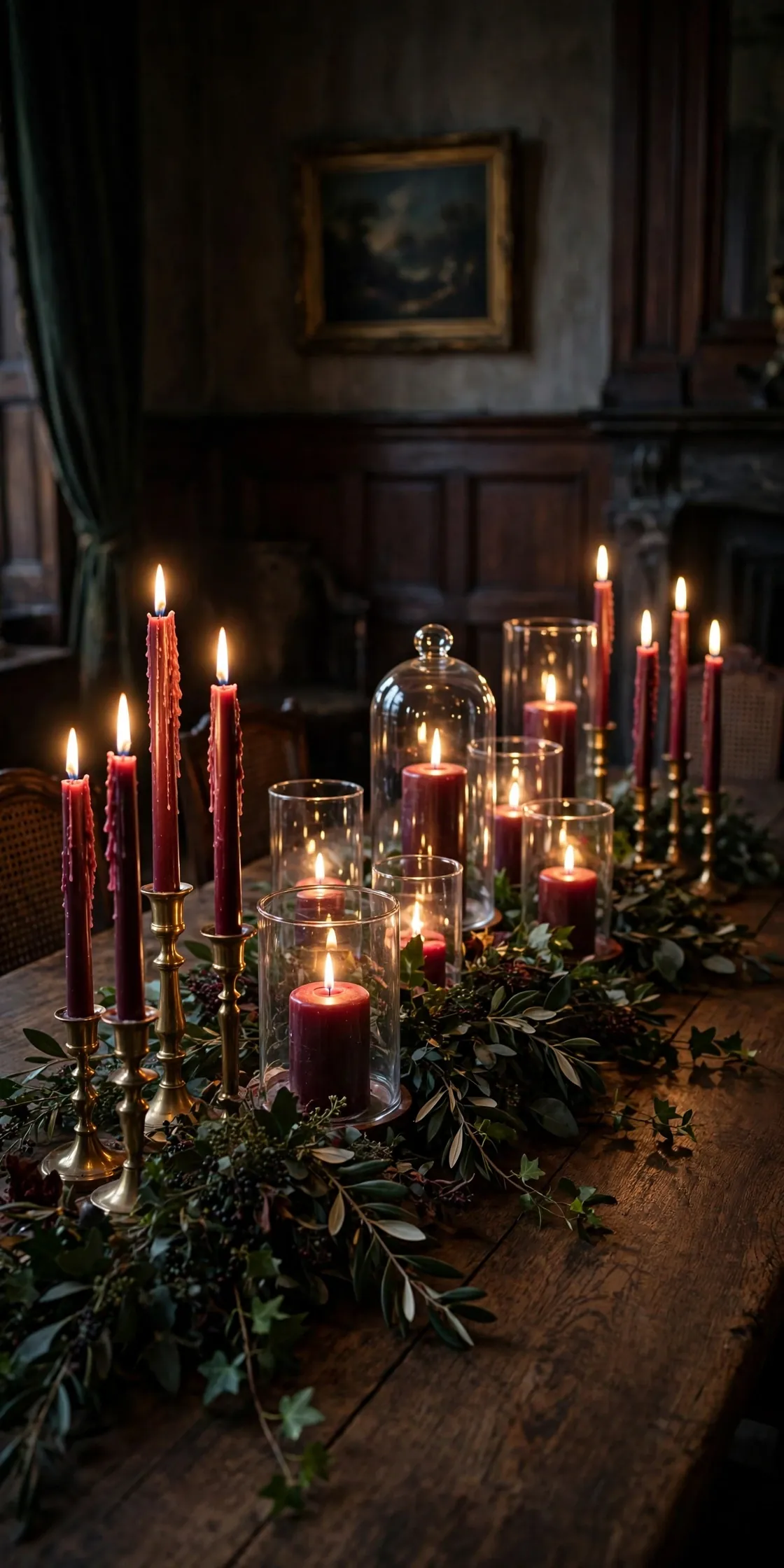 Burgundy Candles Down The Dining Table burgundy candles christmas dining table