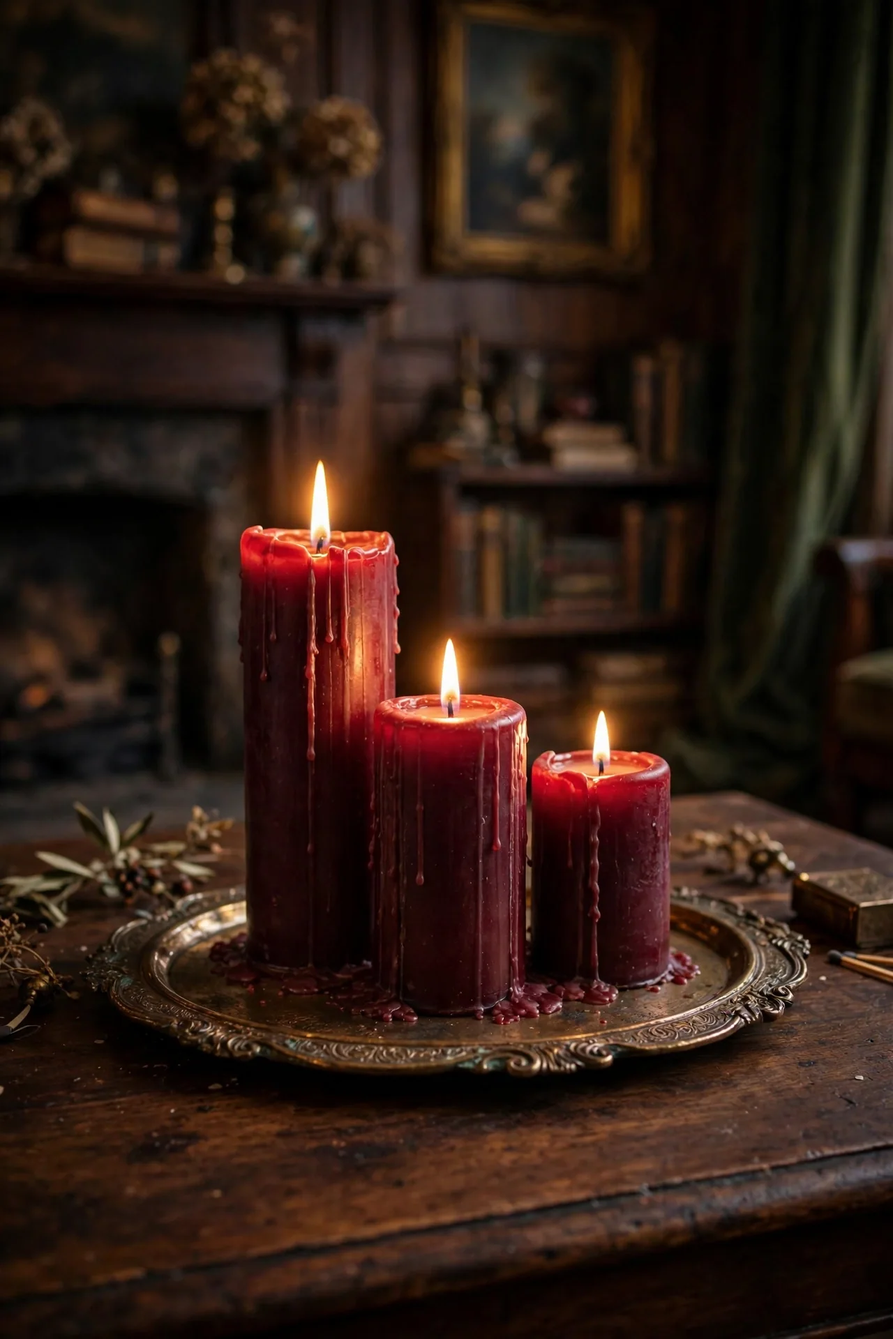 Burgundy Pillar Candles In Brass Holders burgundy pillar candles brass holders
