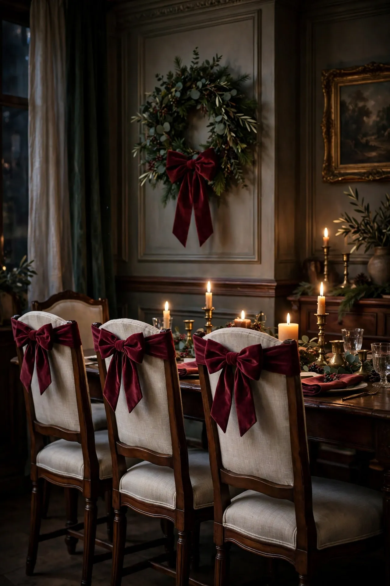Burgundy Velvet Bows On Chairs And Wreaths burgundy velvet bows christmas chairs wreaths