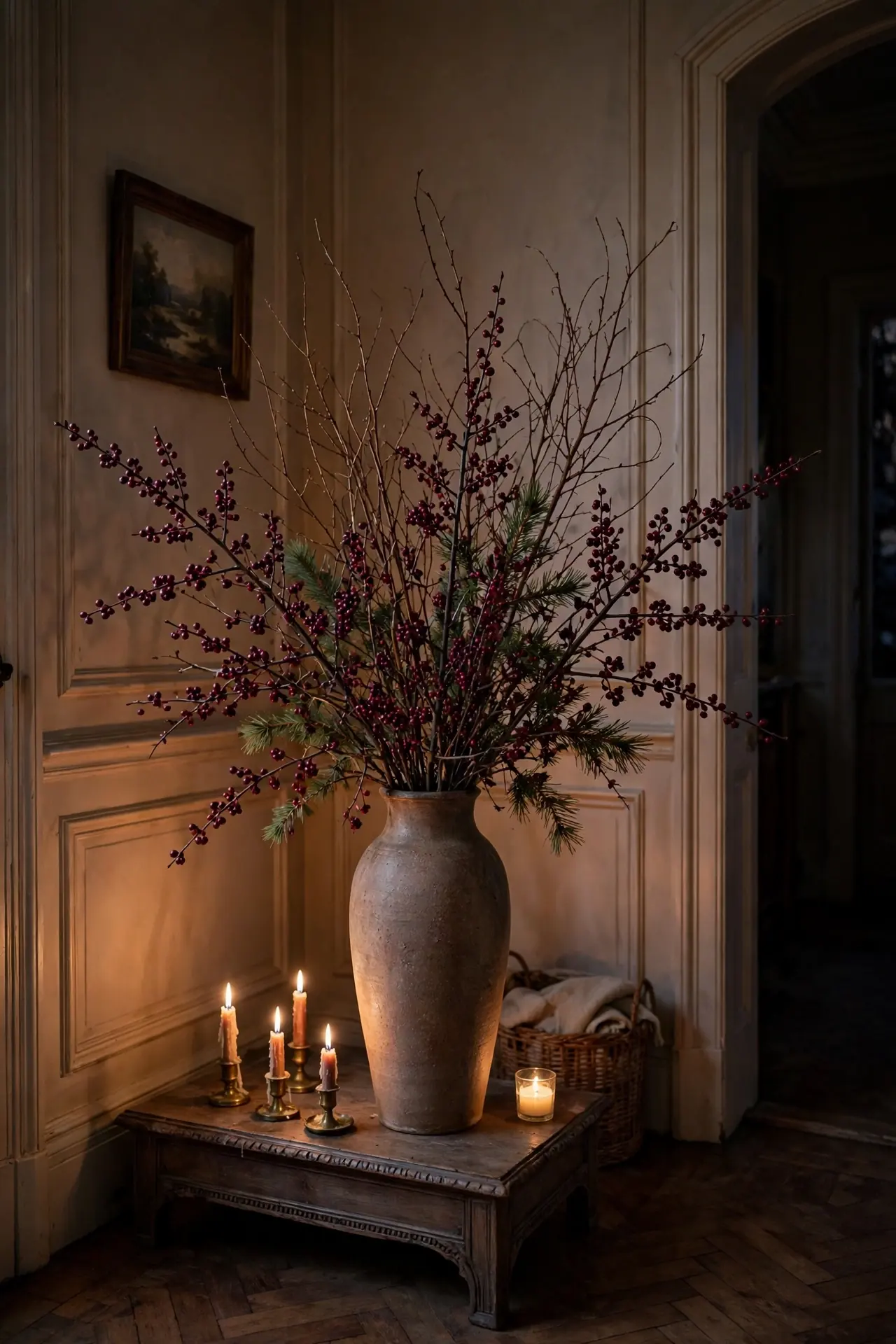 Burgundy Berry Branches In A Tall Vase burgundy berry branches vase christmas