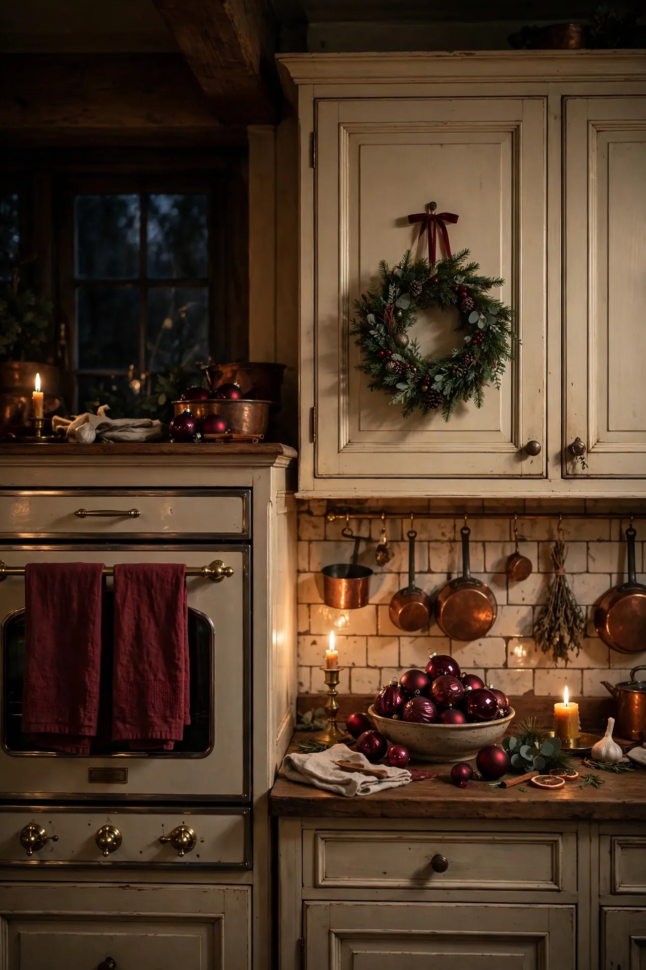 Burgundy Touches In The Kitchen burgundy christmas kitchen towels wreath