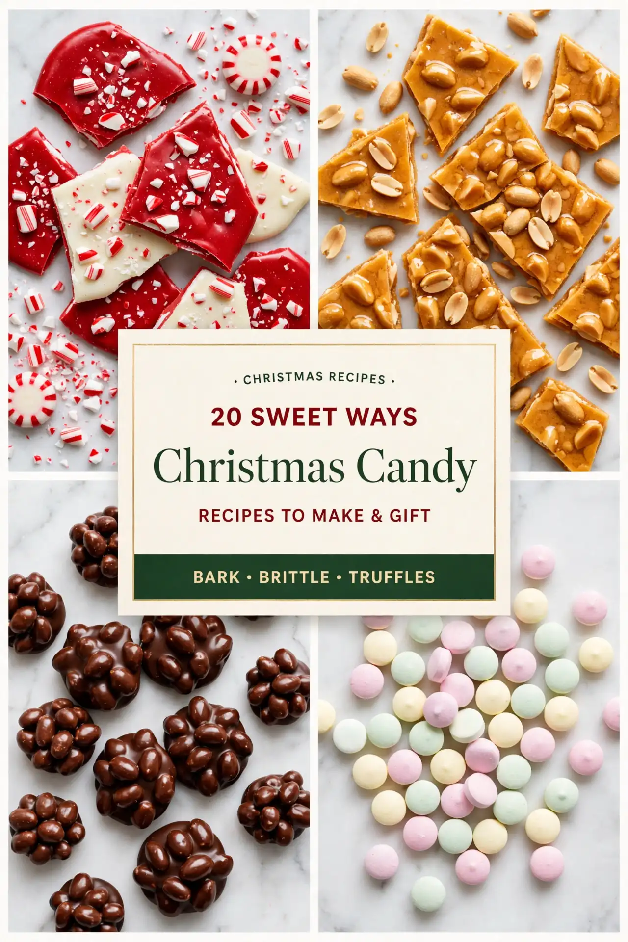 christmas candy recipes collage of peppermint bark, peanut brittle, truffles and soft caramels on white marble