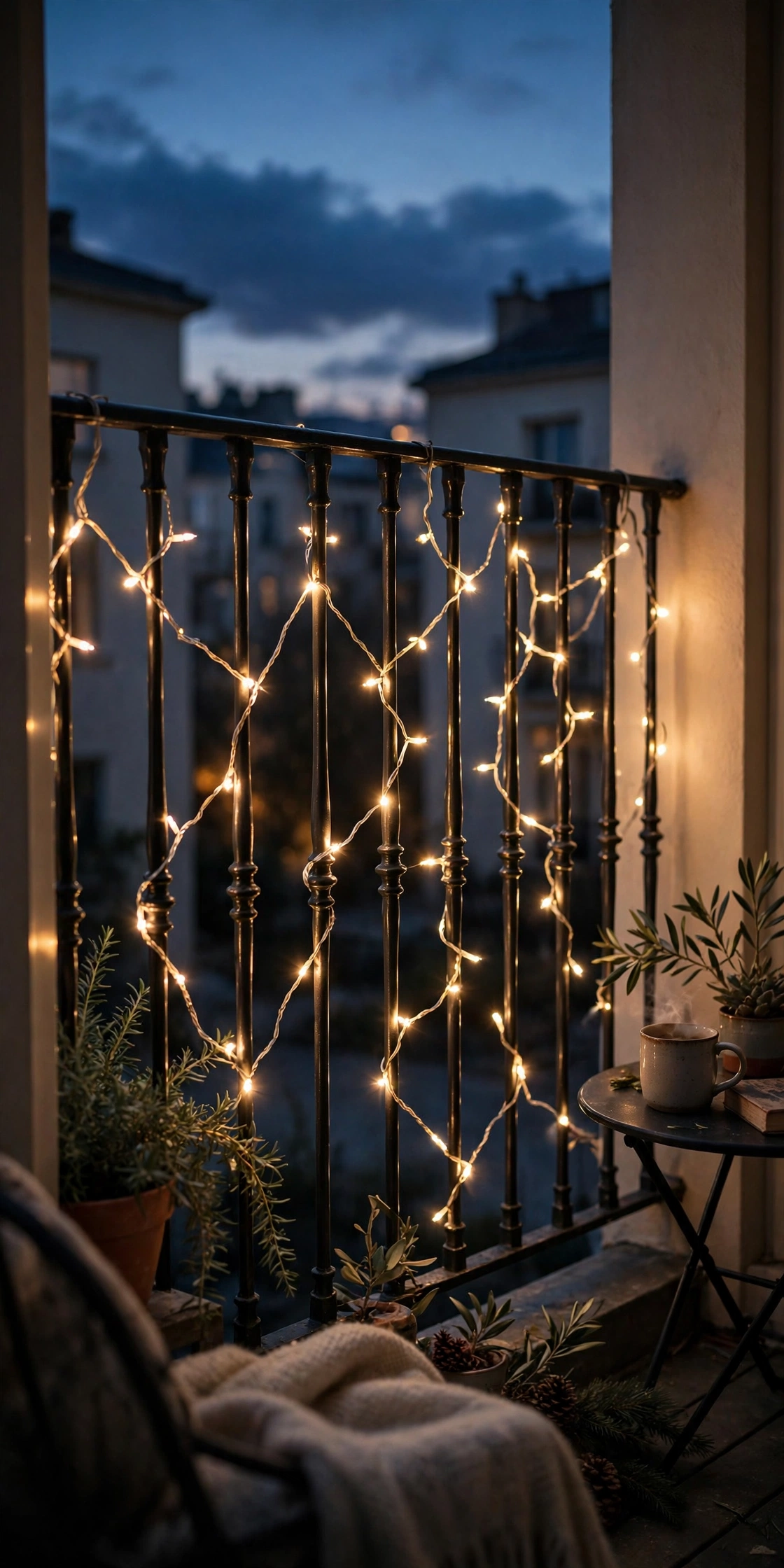 warm white string lights woven through balcony balusters