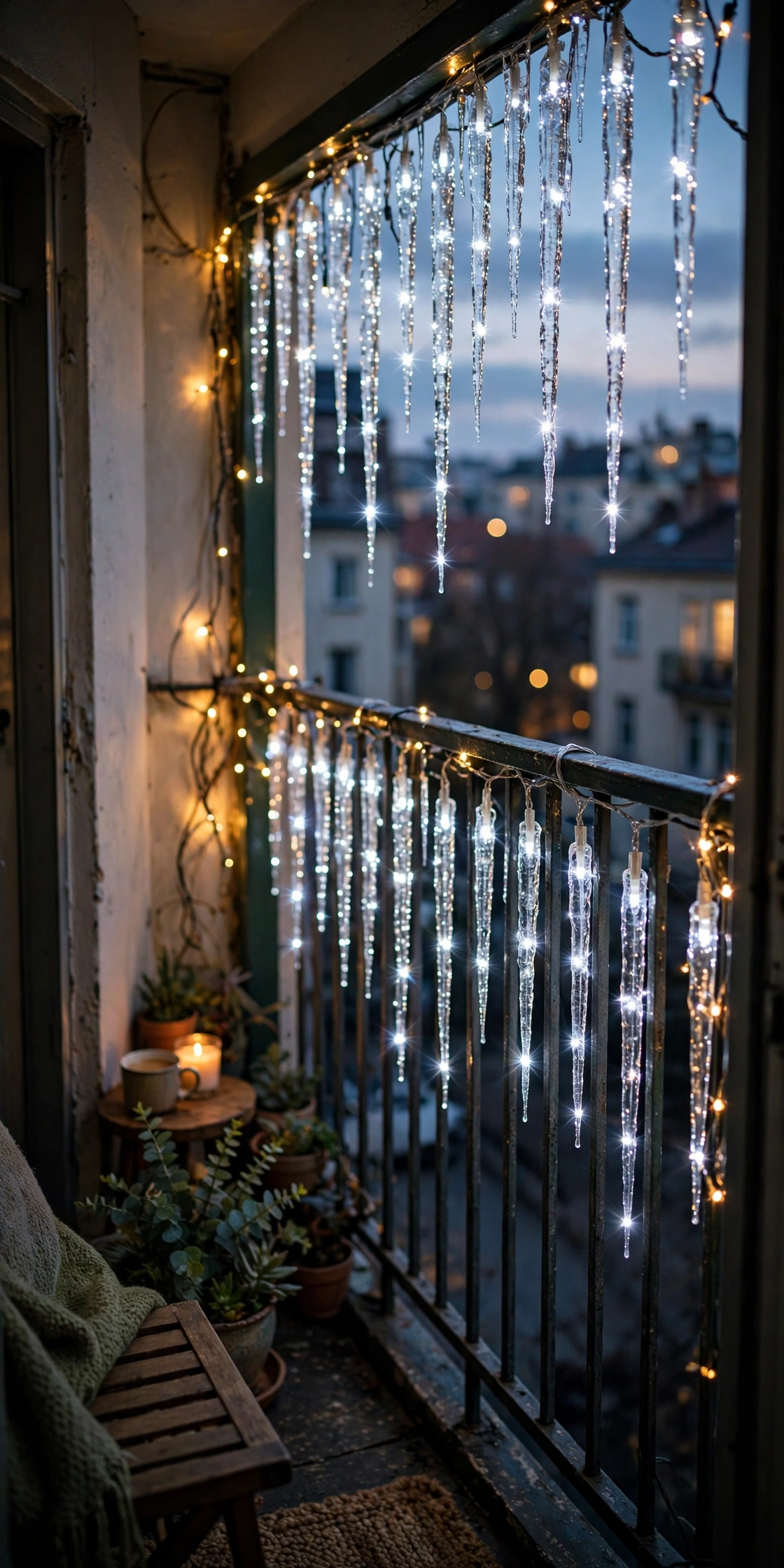 icicle lights inside balcony railing christmas