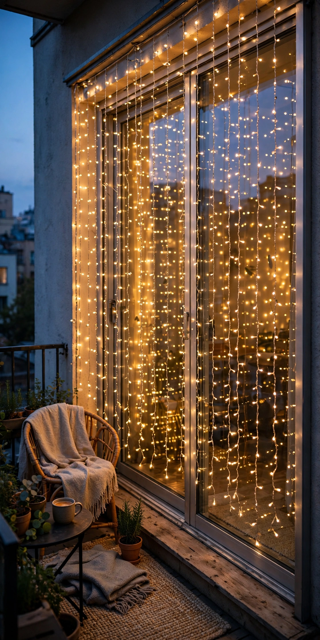 curtain lights balcony glass door christmas glow