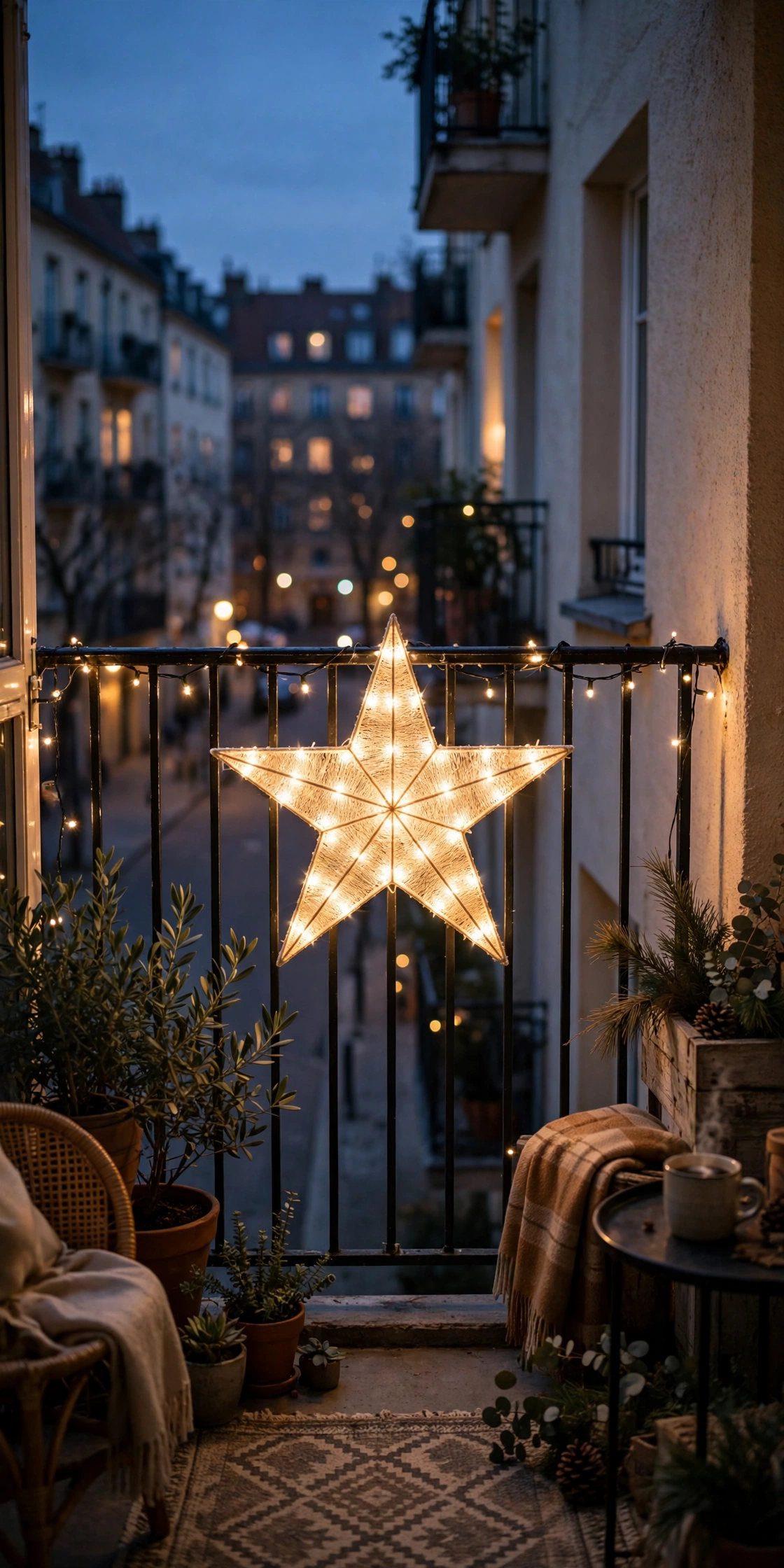 large lighted star balcony railing christmas focal point