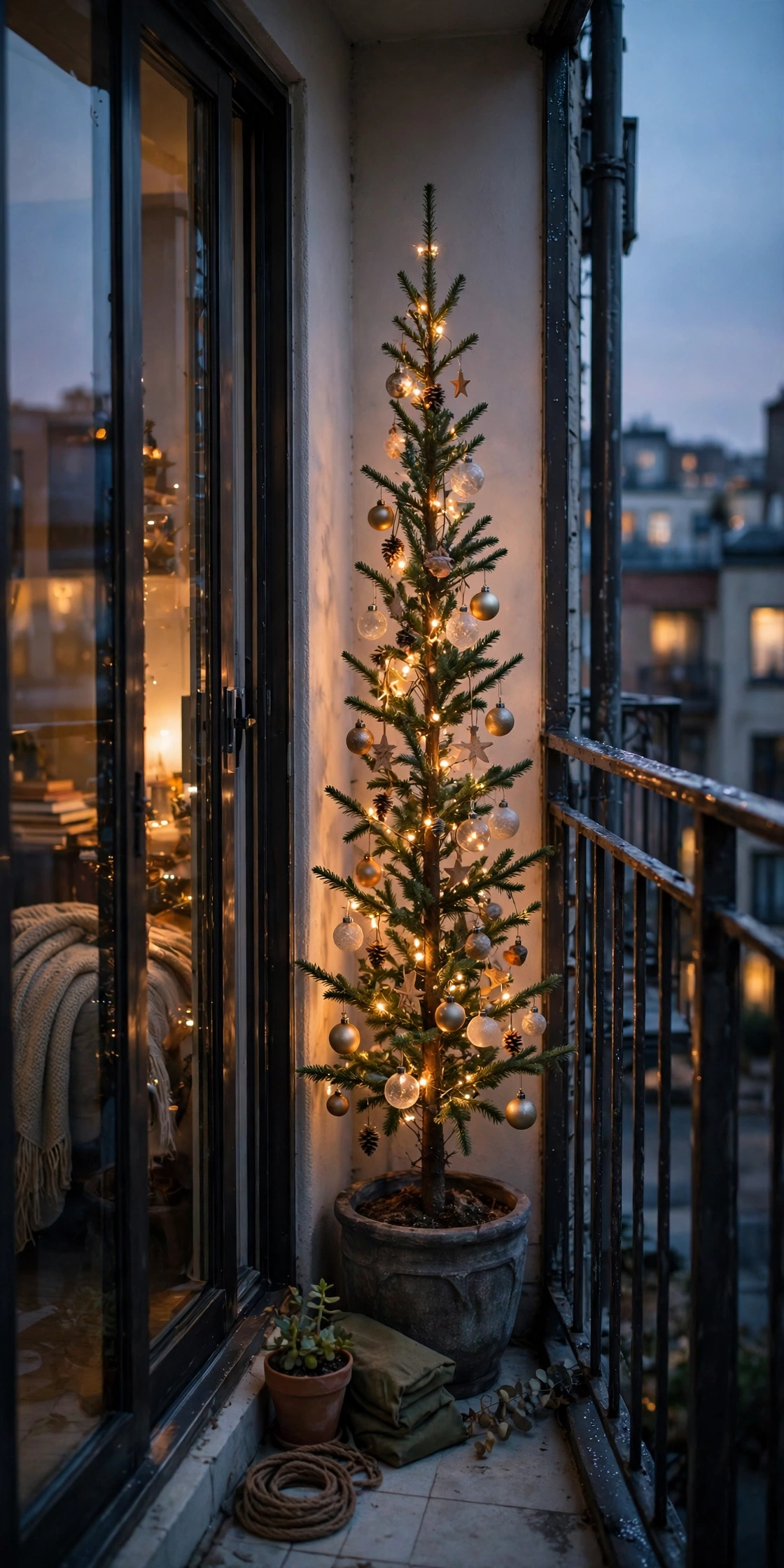 slim pencil christmas tree apartment balcony corner