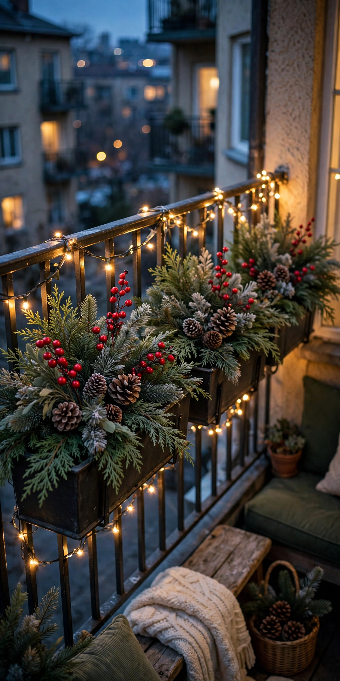railing planter boxes winter greenery balcony christmas