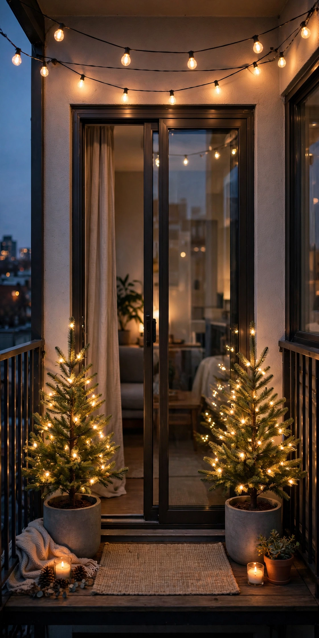 pair of mini christmas trees flanking balcony door