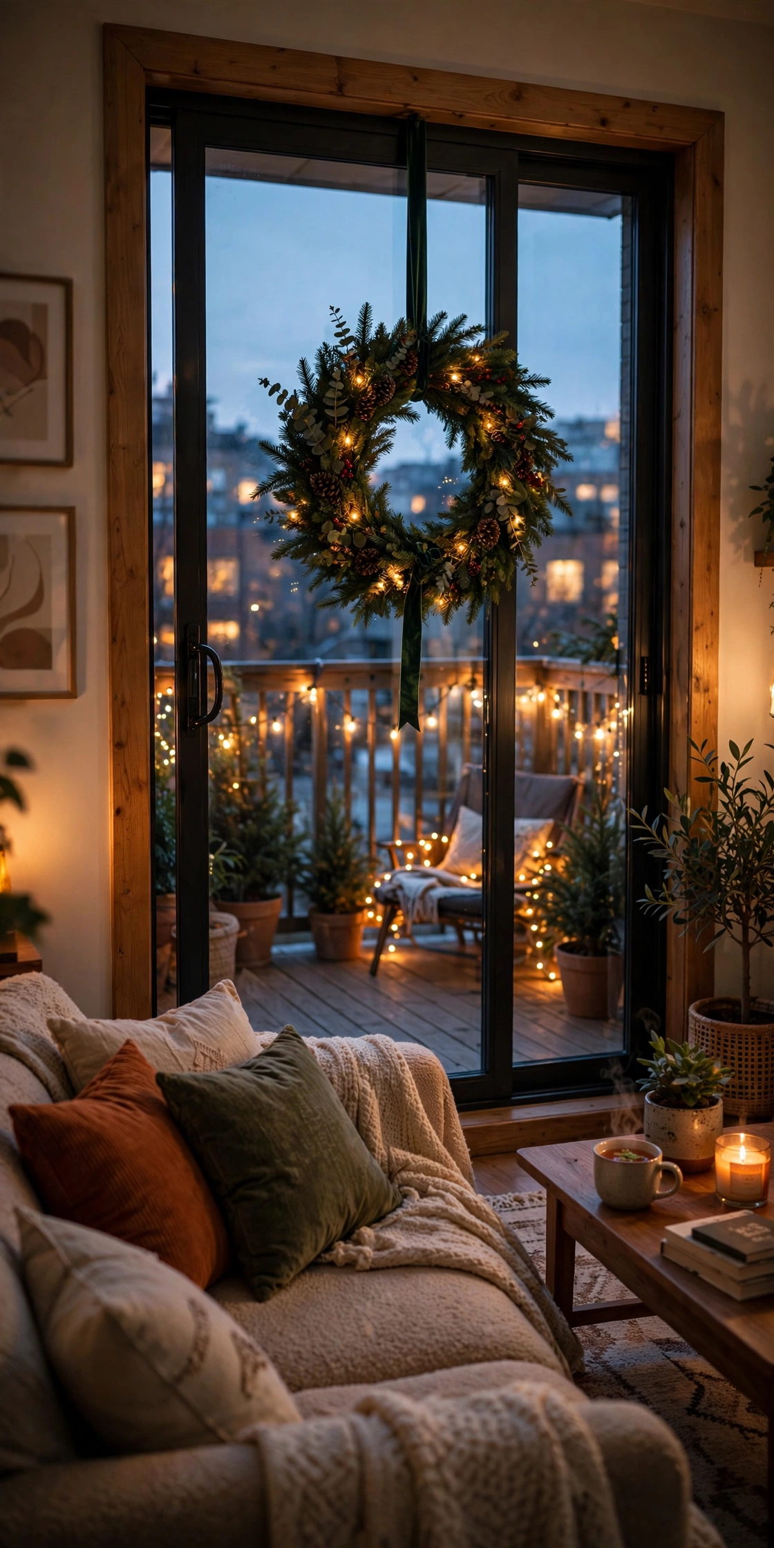 wreath on balcony glass door suction hook view from inside