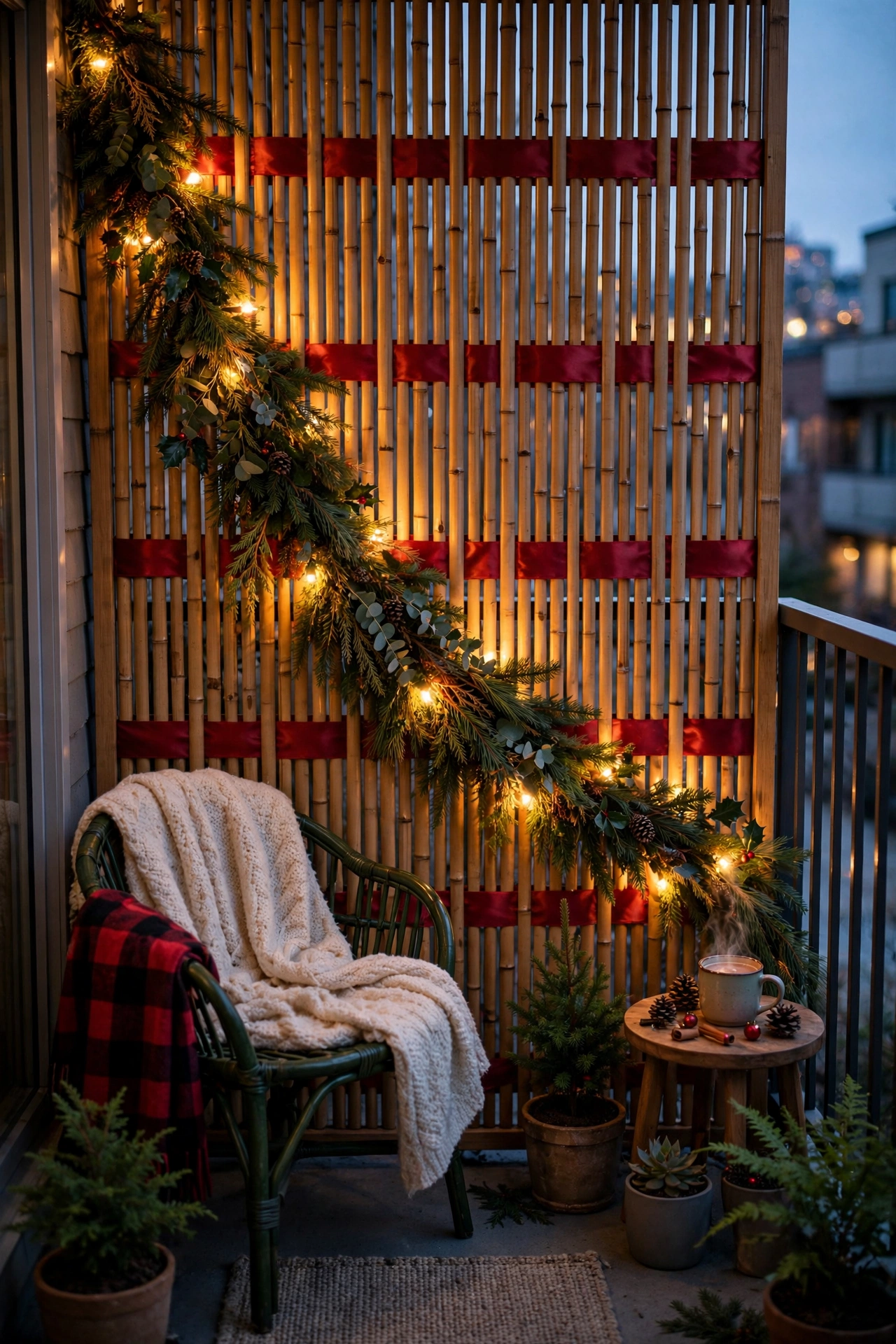 privacy screen balcony christmas ribbon garland