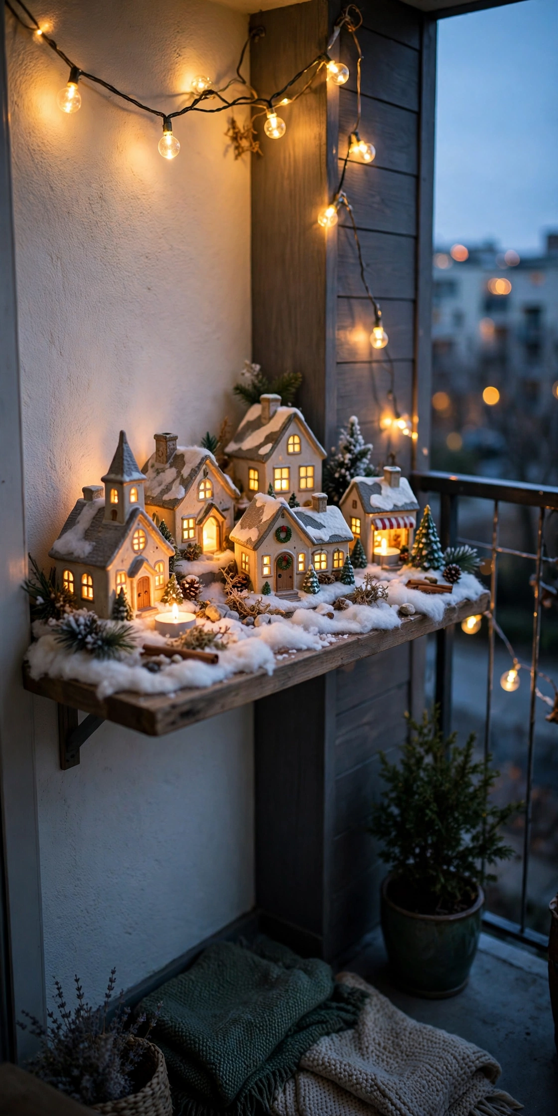 mini christmas village shelf balcony small table