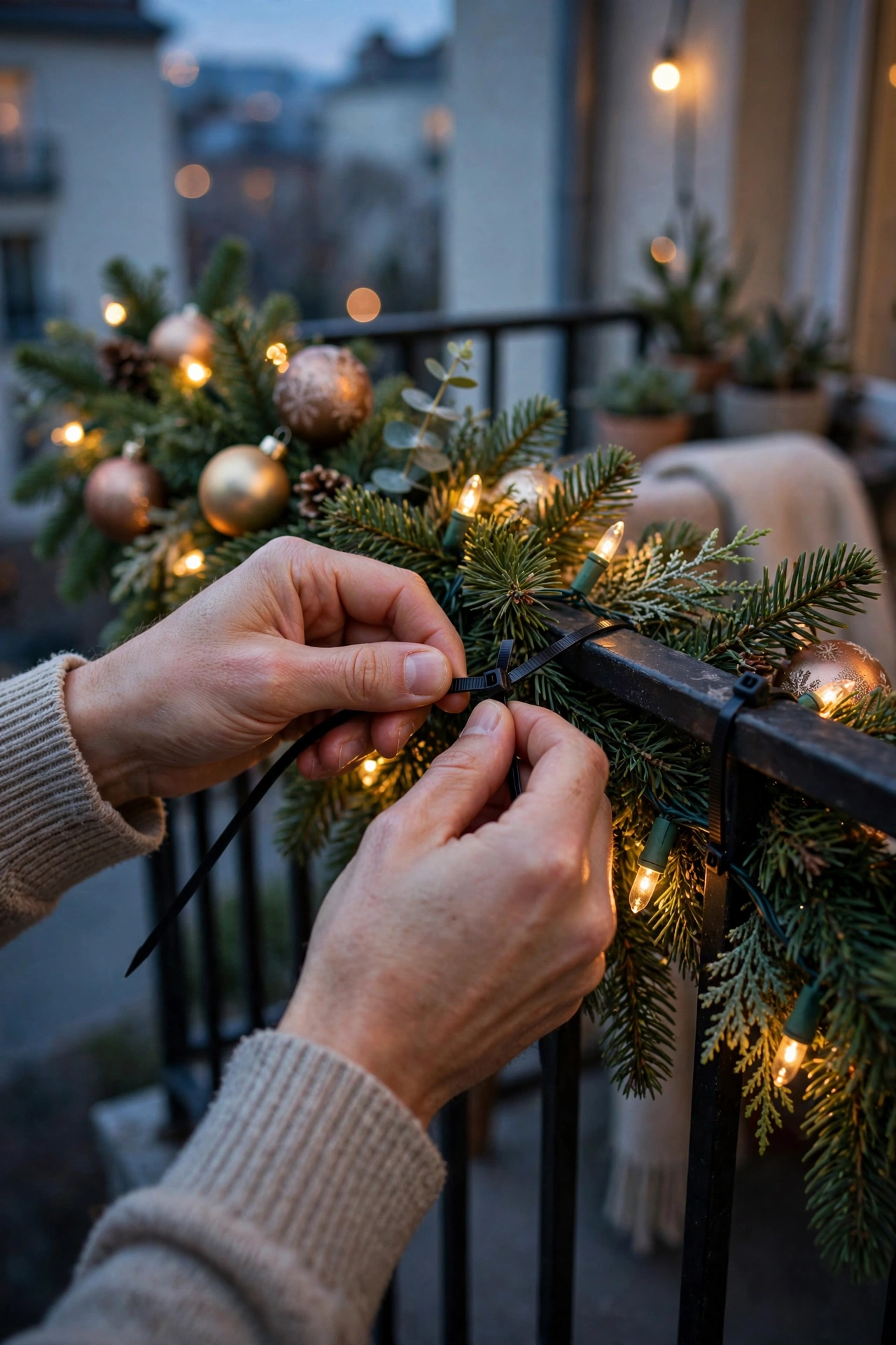 securing balcony christmas decorations wind two points