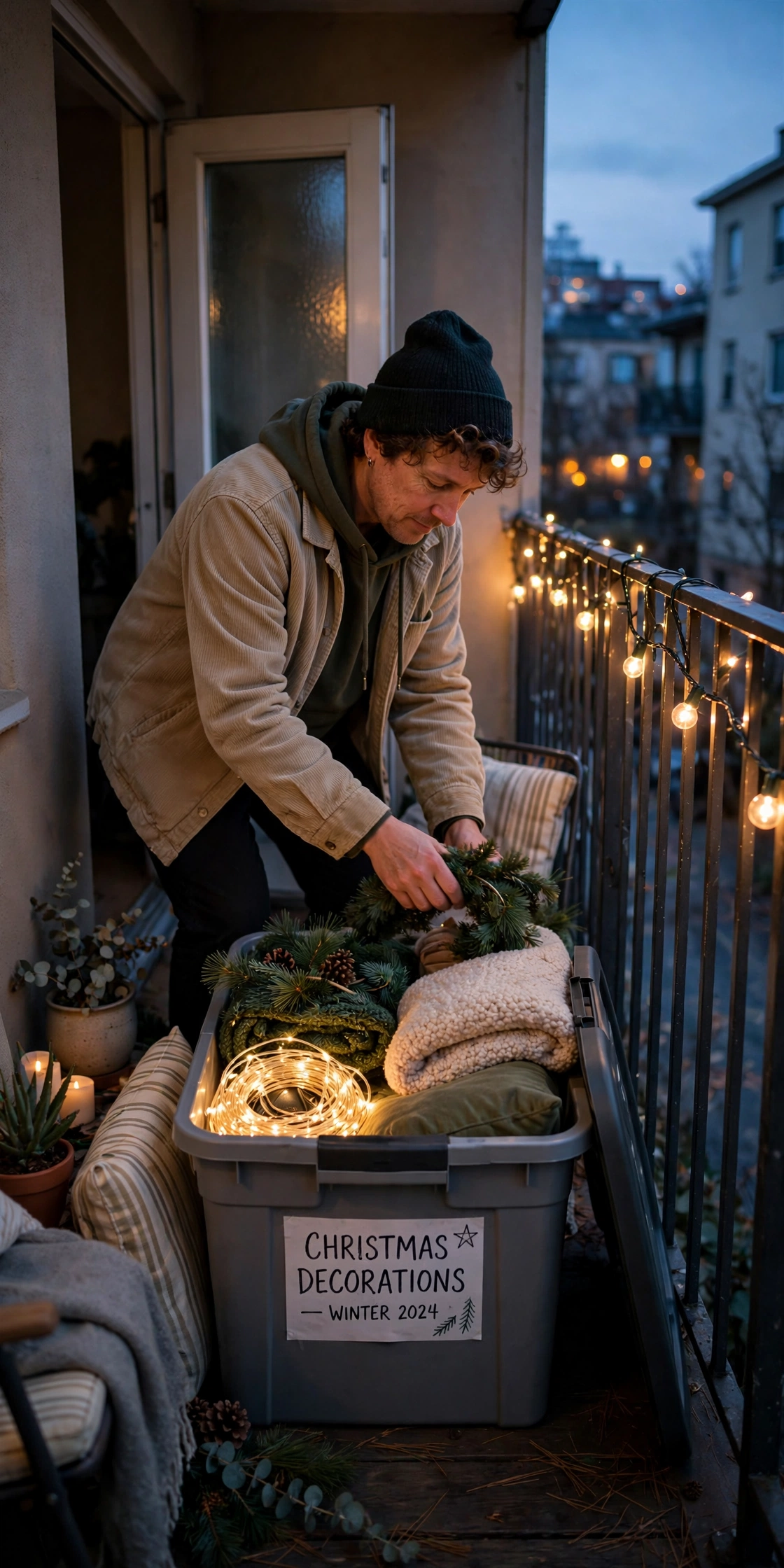packing away balcony christmas decorations storage bin