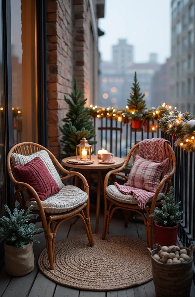 small balcony christmas seating for two cozy cushions