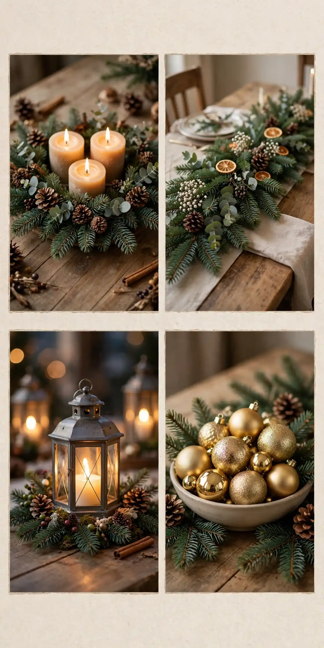 diy christmas centerpiece collage of candle centerpiece, fir runner, lantern centerpiece and ornament bowl