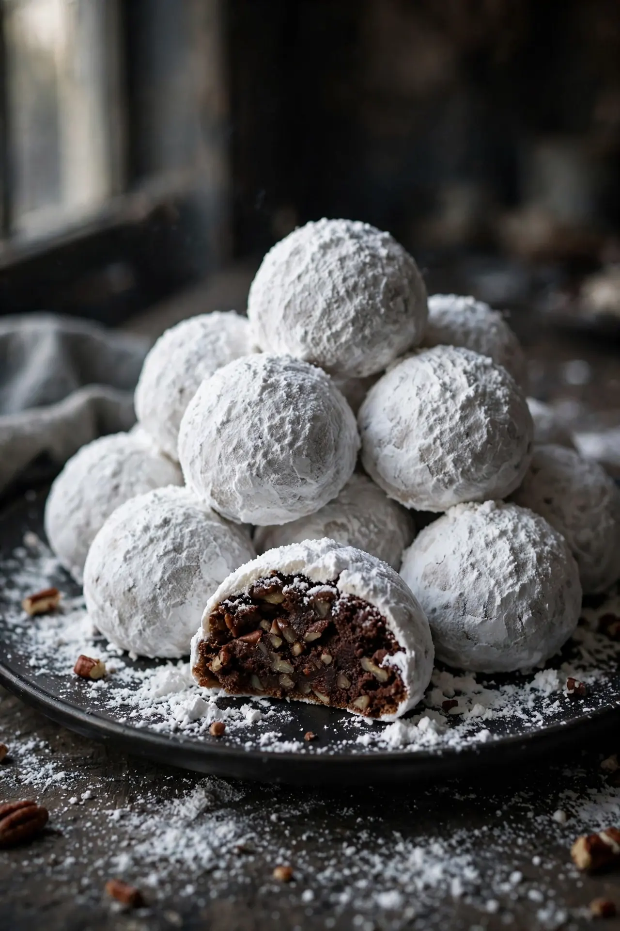 chocolate snowball cookies powdered sugar pecans