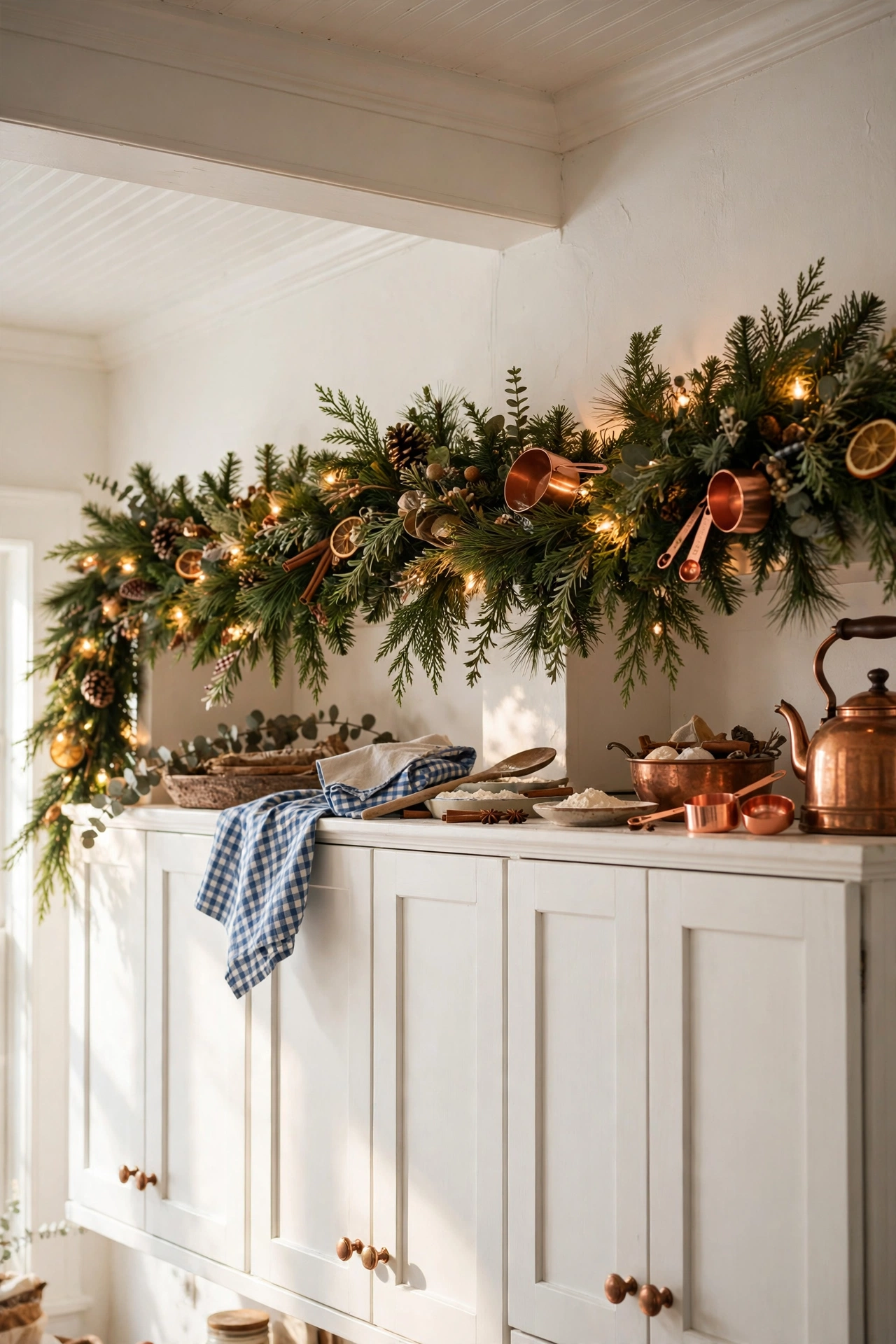 christmas garland above kitchen cabinets