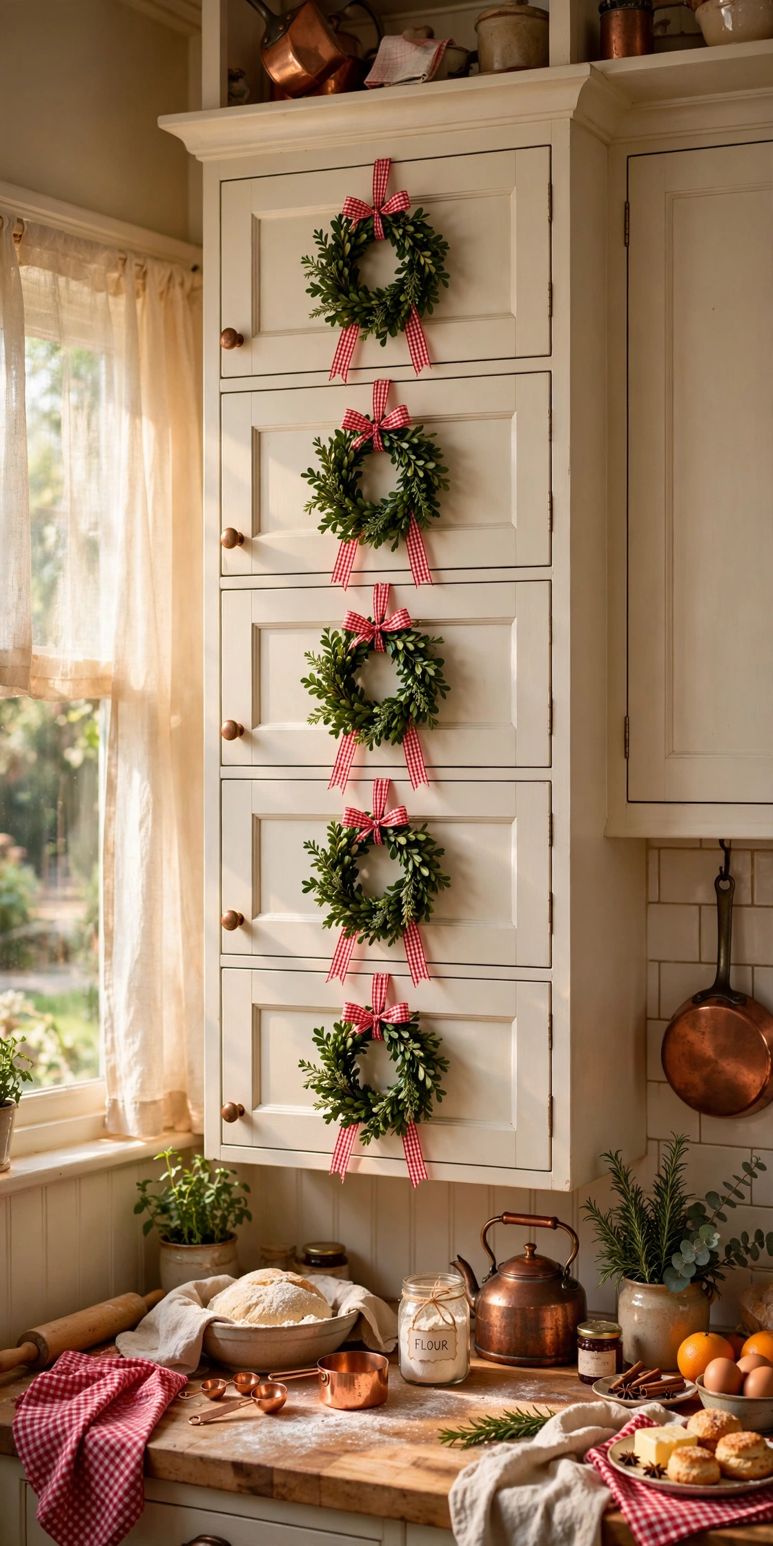 mini wreaths on kitchen cabinet doors christmas
