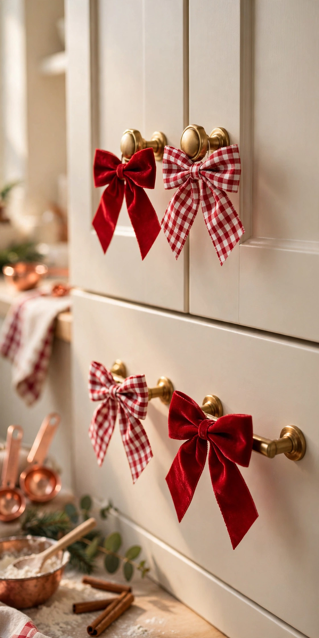 christmas bows on kitchen cabinet knobs