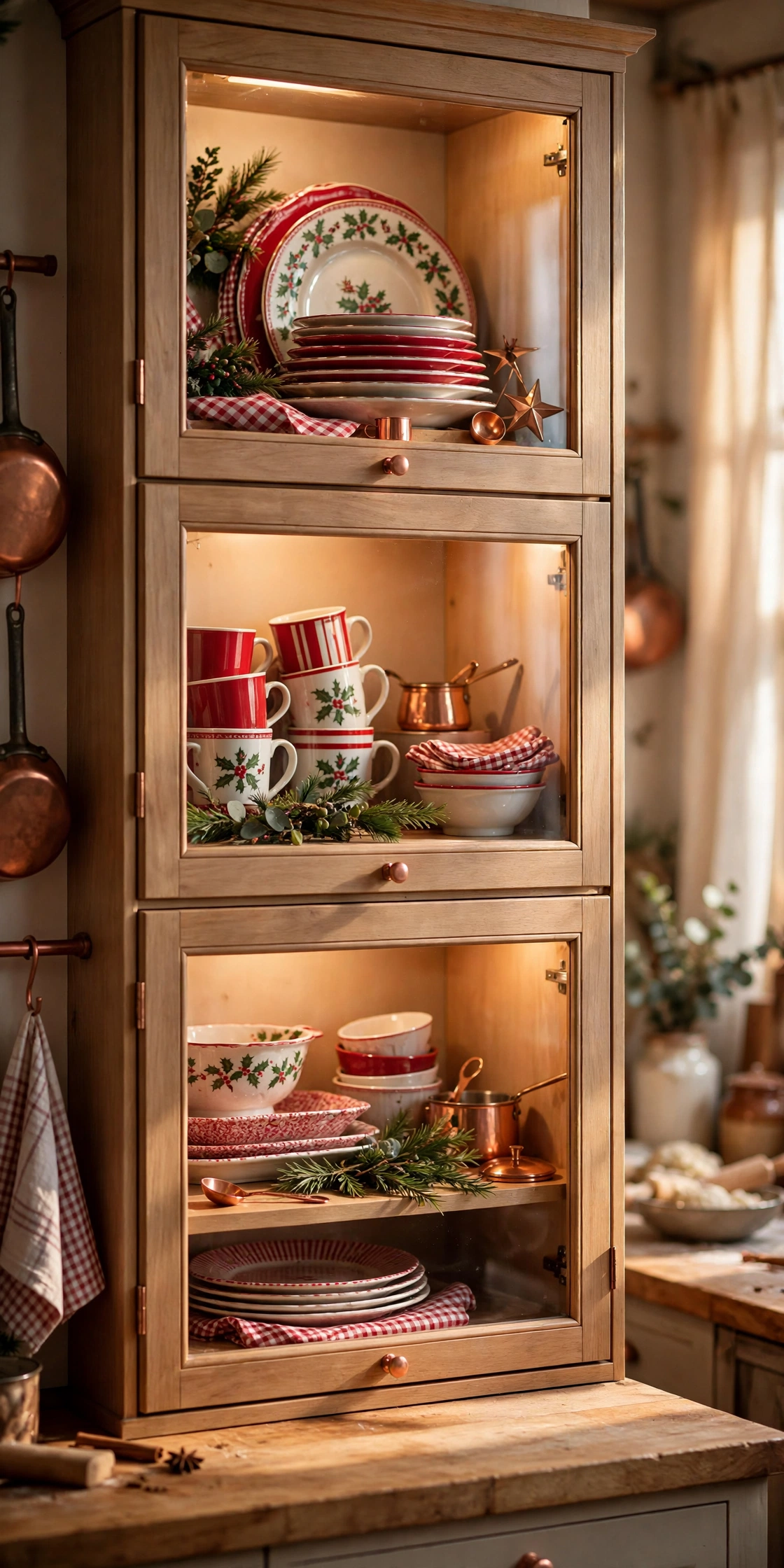 christmas dishes glass front cabinets display