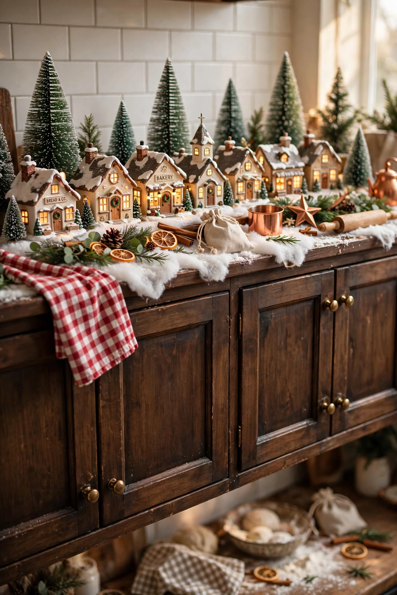 christmas village above kitchen cabinets
