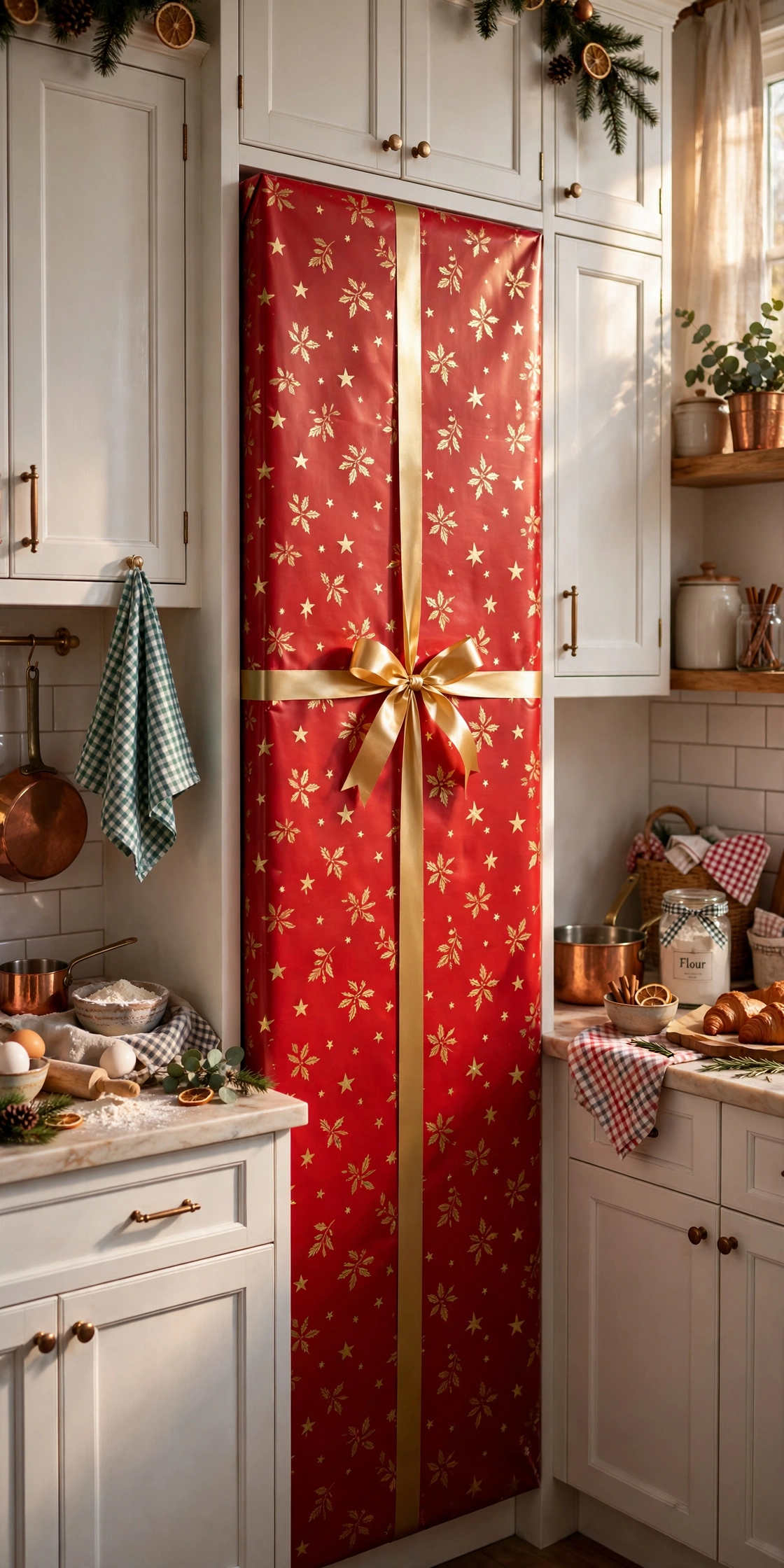 gift wrapped cabinet door christmas kitchen