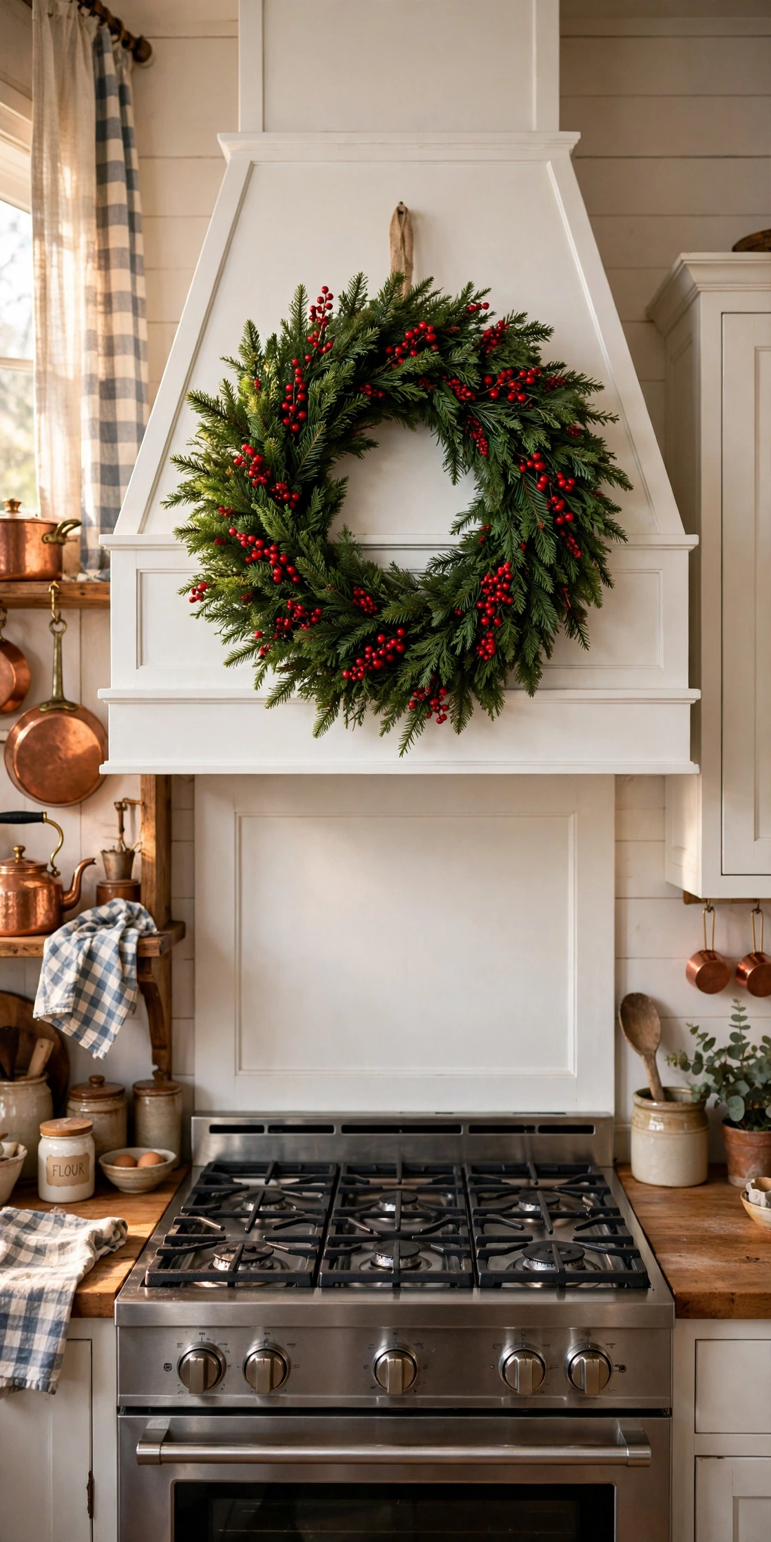 christmas wreath on range hood farmhouse kitchen