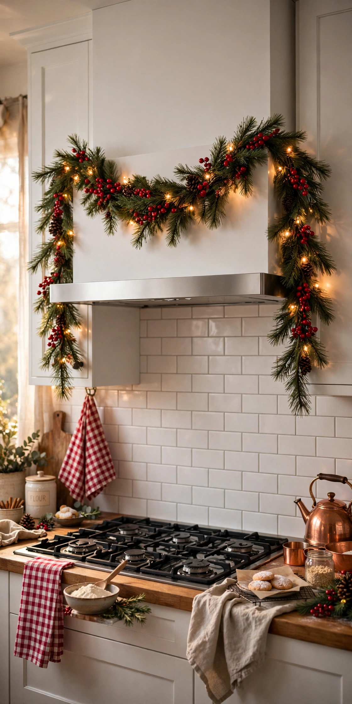 garland on range hood christmas kitchen decor