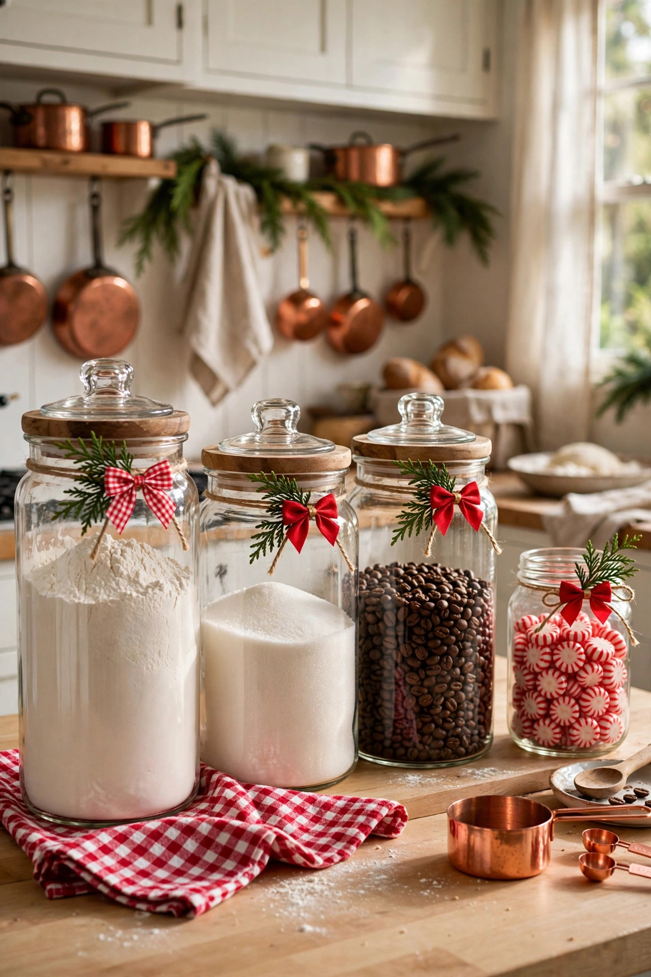 christmas canisters glass jars kitchen counter