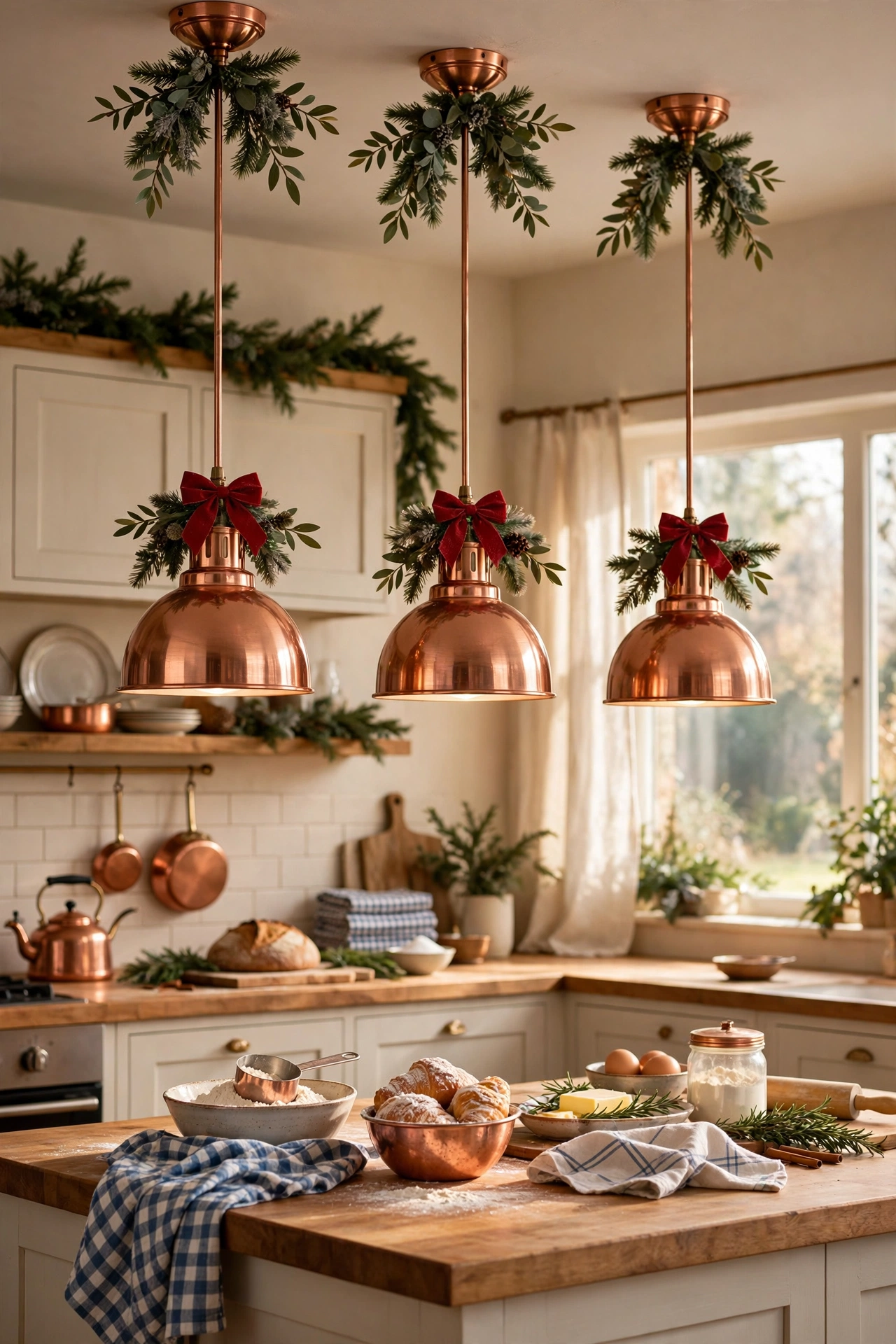 christmas pendant lights greenery kitchen island