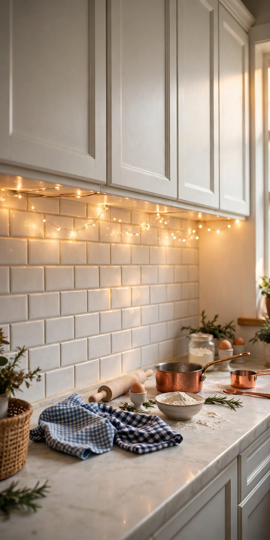 fairy lights under kitchen cabinets backsplash