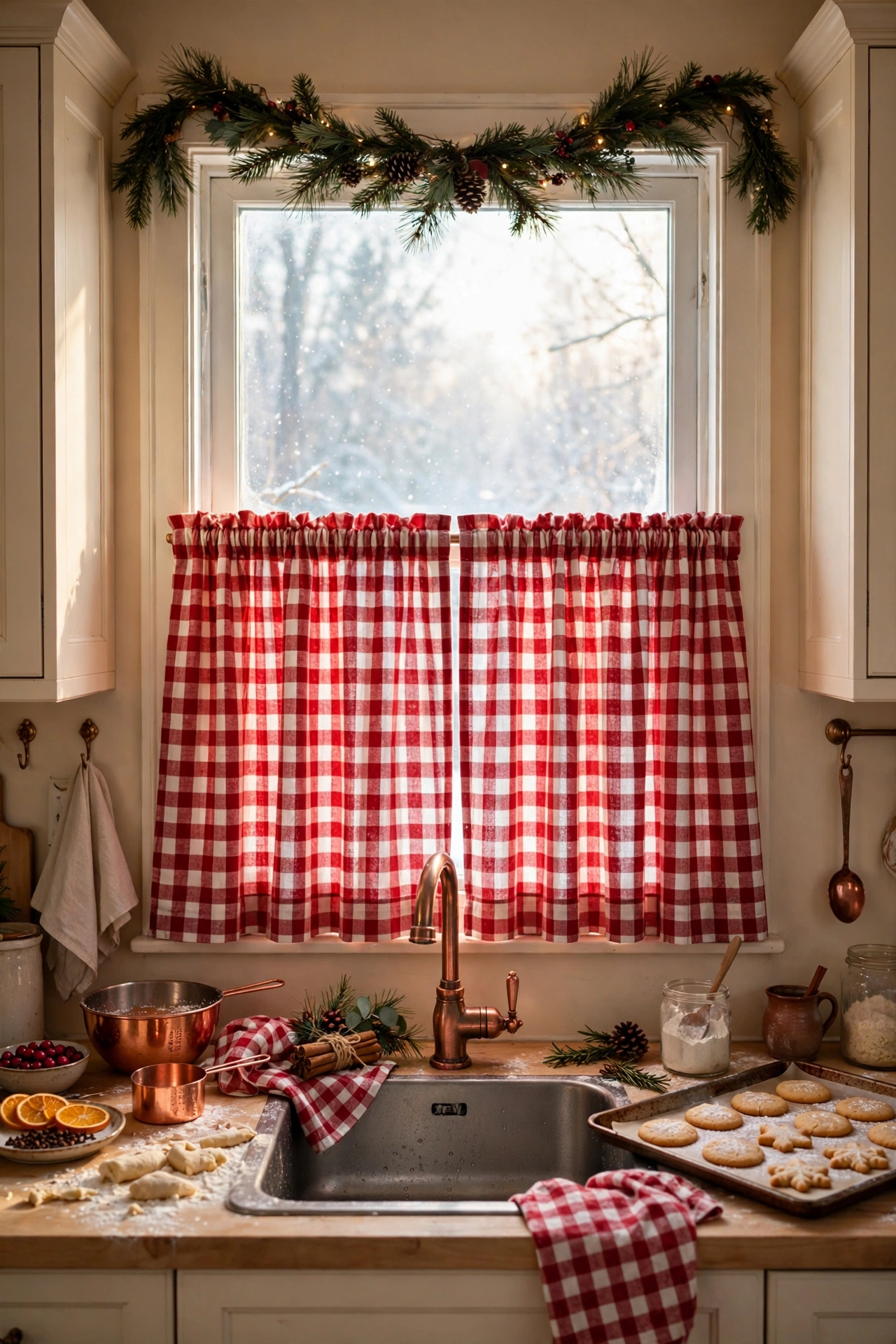 plaid cafe curtains christmas kitchen window