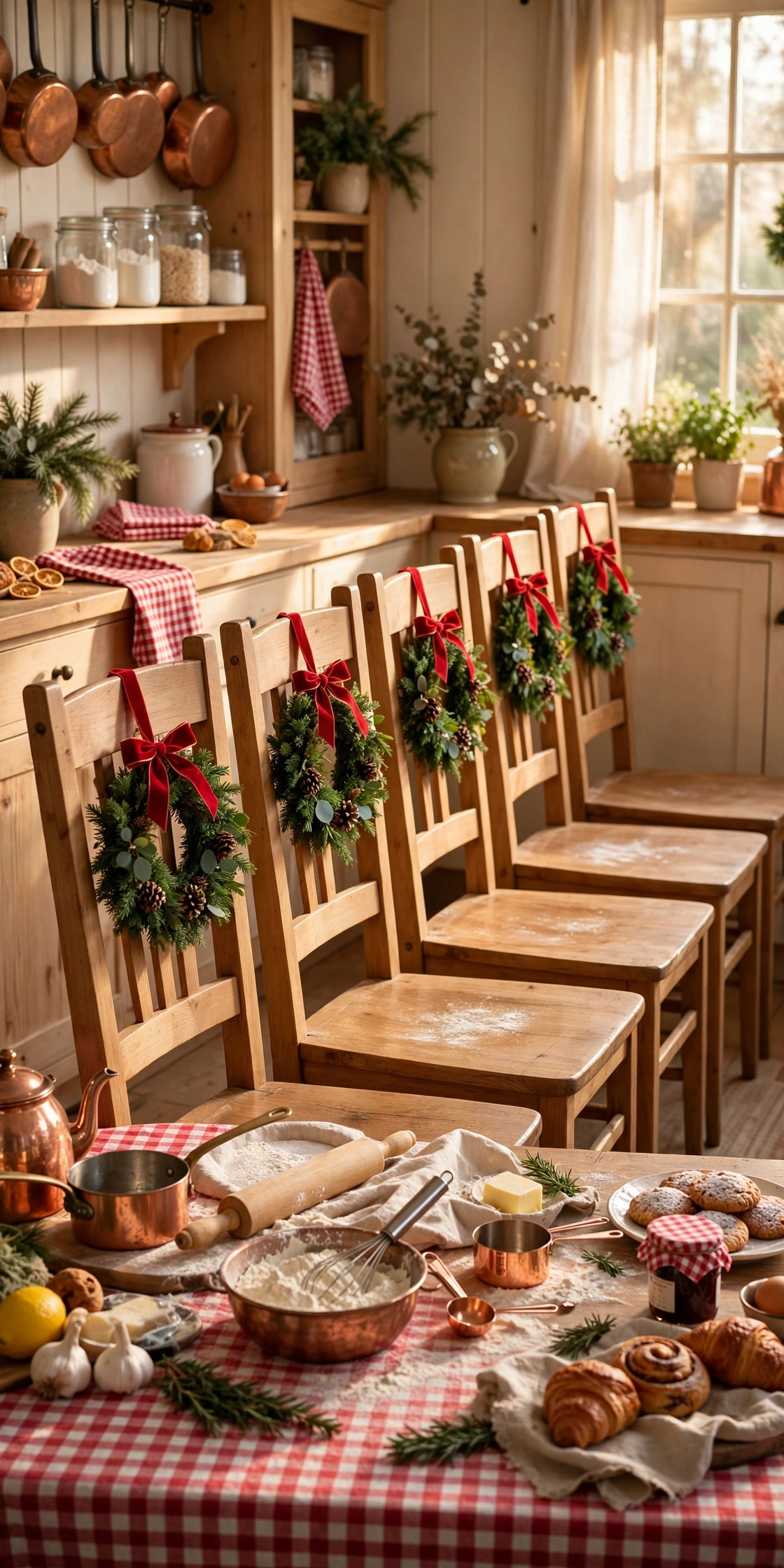 mini wreaths on kitchen chair backs christmas