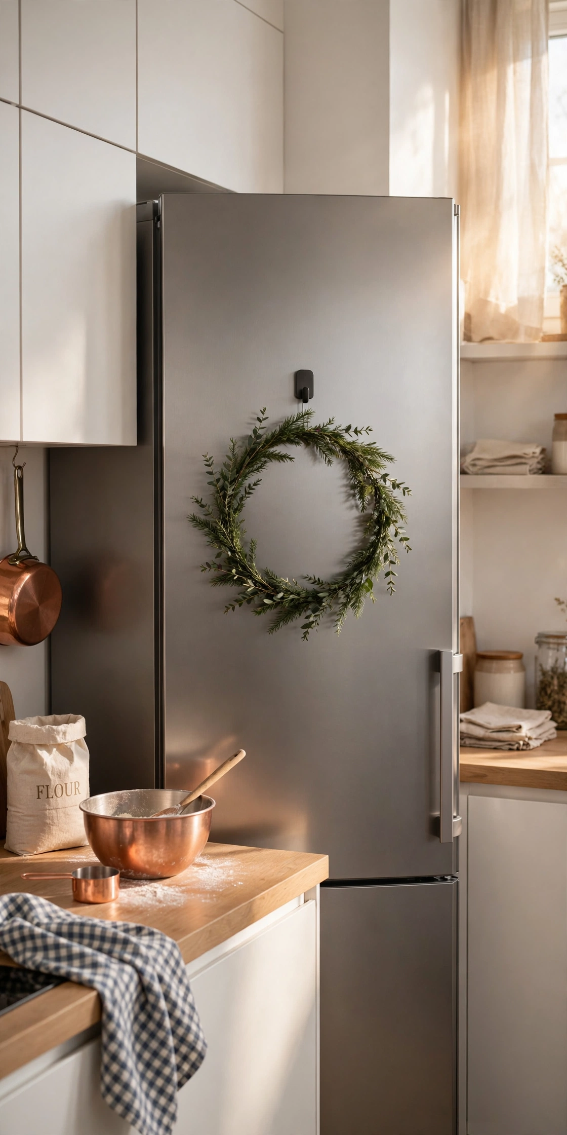 christmas wreath on fridge kitchen decor