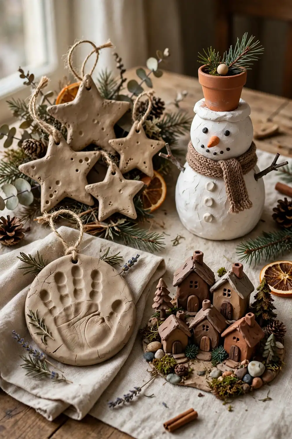 clay christmas crafts collage of clay star ornaments, terracotta pot snowman, handprint ornament and clay village