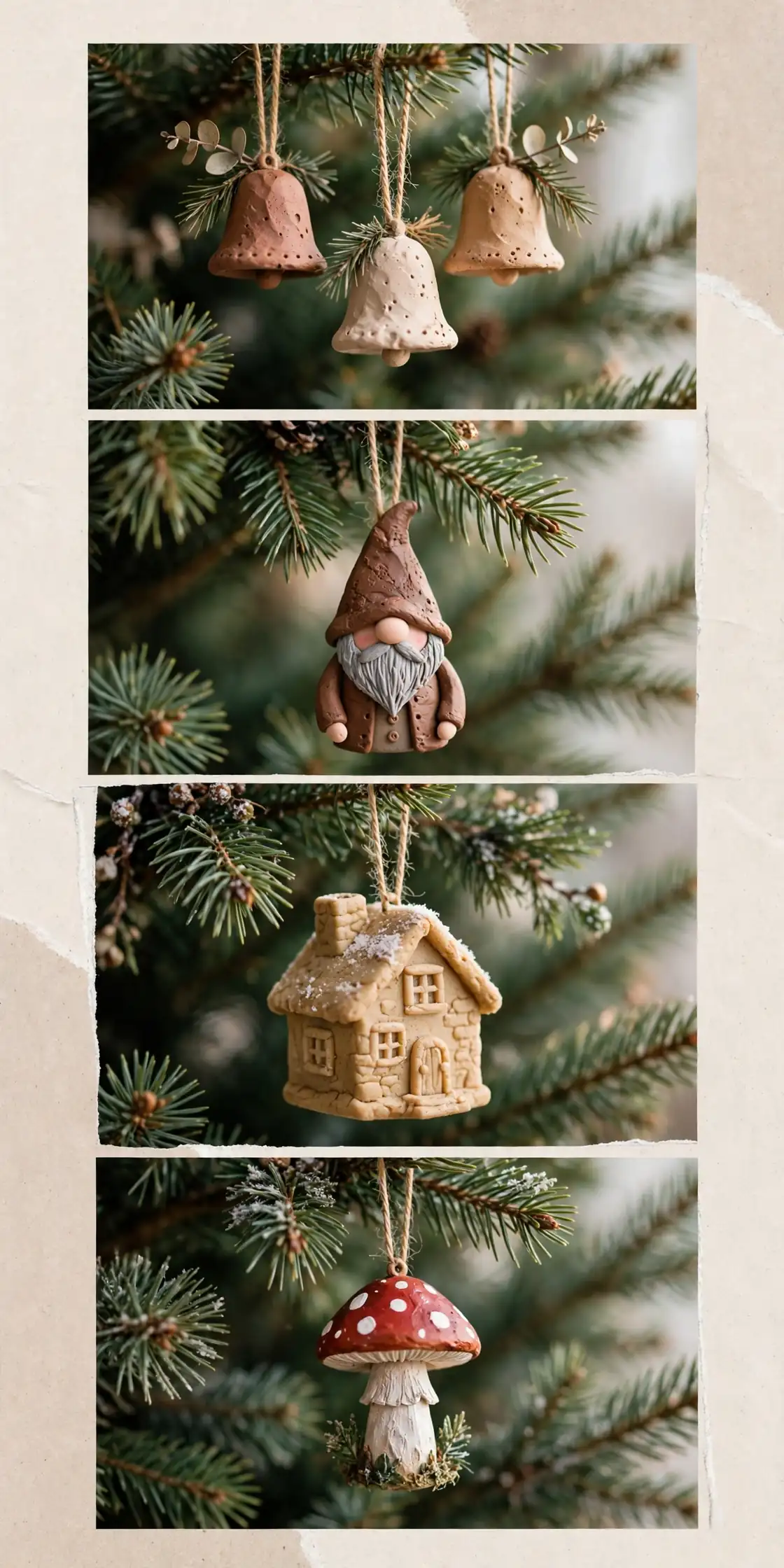 clay christmas ornament collage of clay bell ornaments, polymer gnome, salt dough cottage and painted mushroom ornament