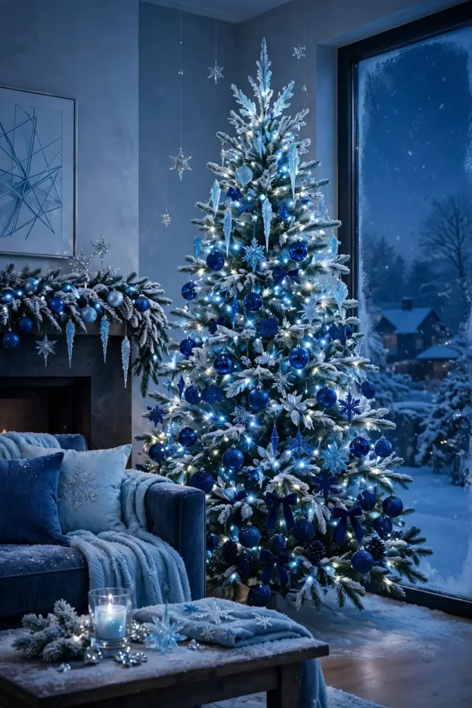 cool blue christmas tree with cool white lights