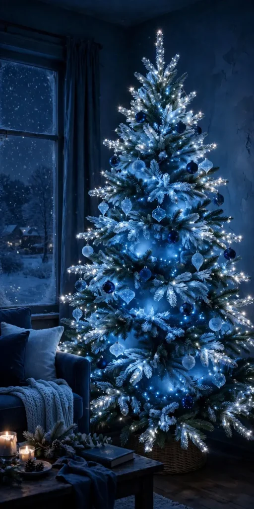 blue and cool white christmas lights layered on tree