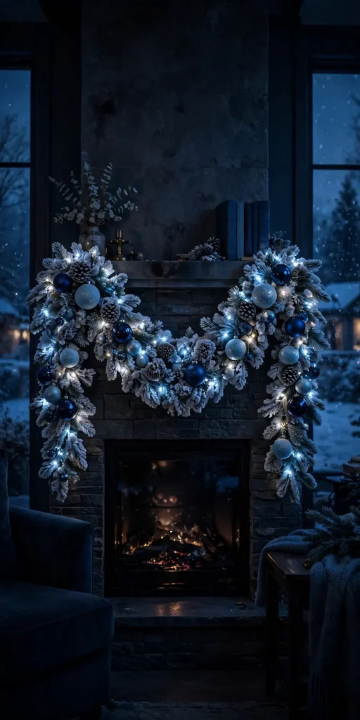 flocked mantel garland blue ornaments fairy lights