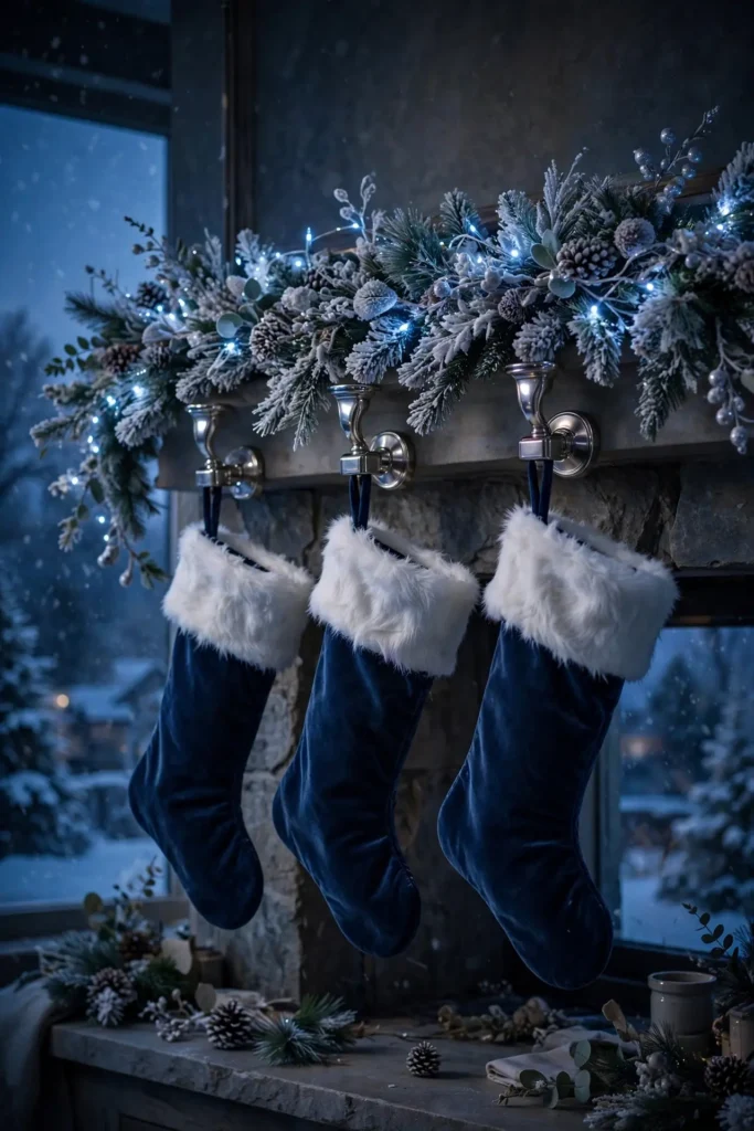 navy blue velvet christmas stockings mantel